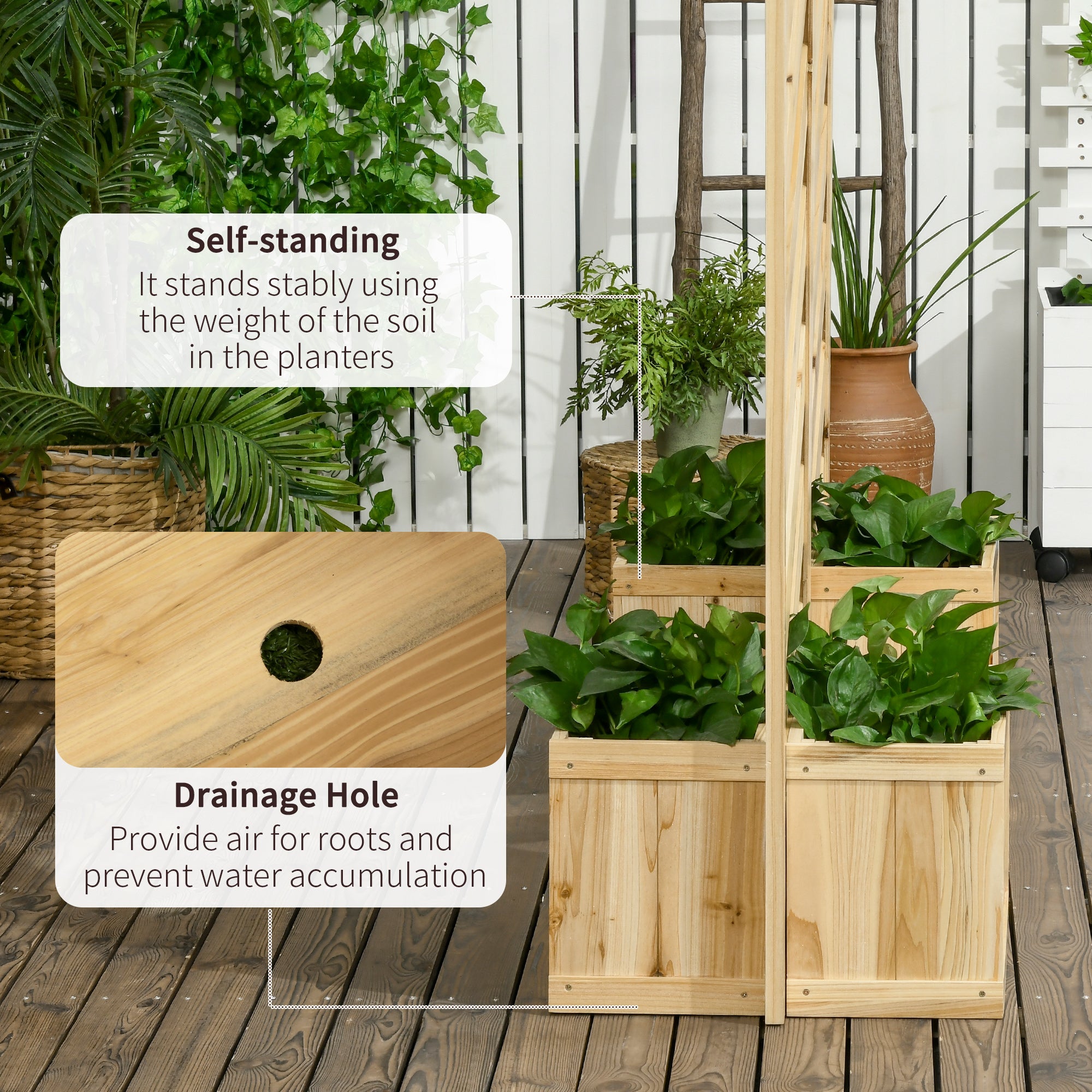 Decorative Outdoor Privacy Screen, Freestanding Divider/Separator with 4 Self-Draining Planters, 3 Trellis Plant Support Panels for Garden Walkway, Backyard, Natural Wood - Natural wood finish - Image 6