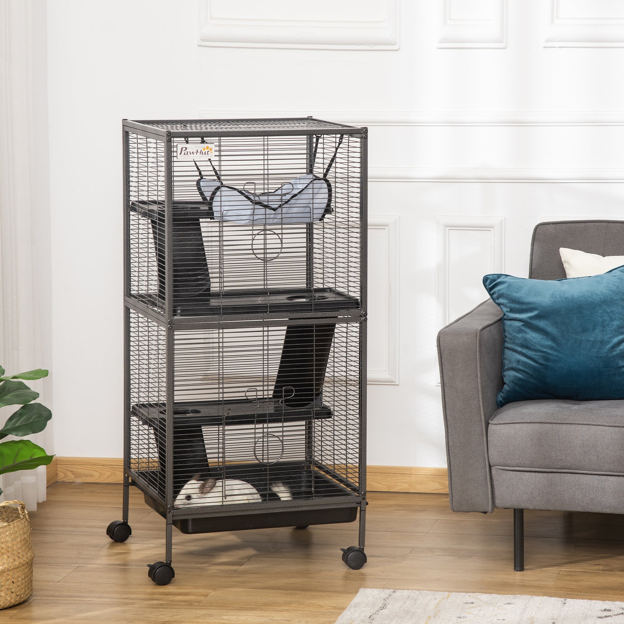Metal Small Animal Cage Rolling Big Ferret Cage, Chinchilla Cage, Sugar Glider Cage, with Hammock & 4 Tiers, Removable Tray, Gray - Gray - Image 2