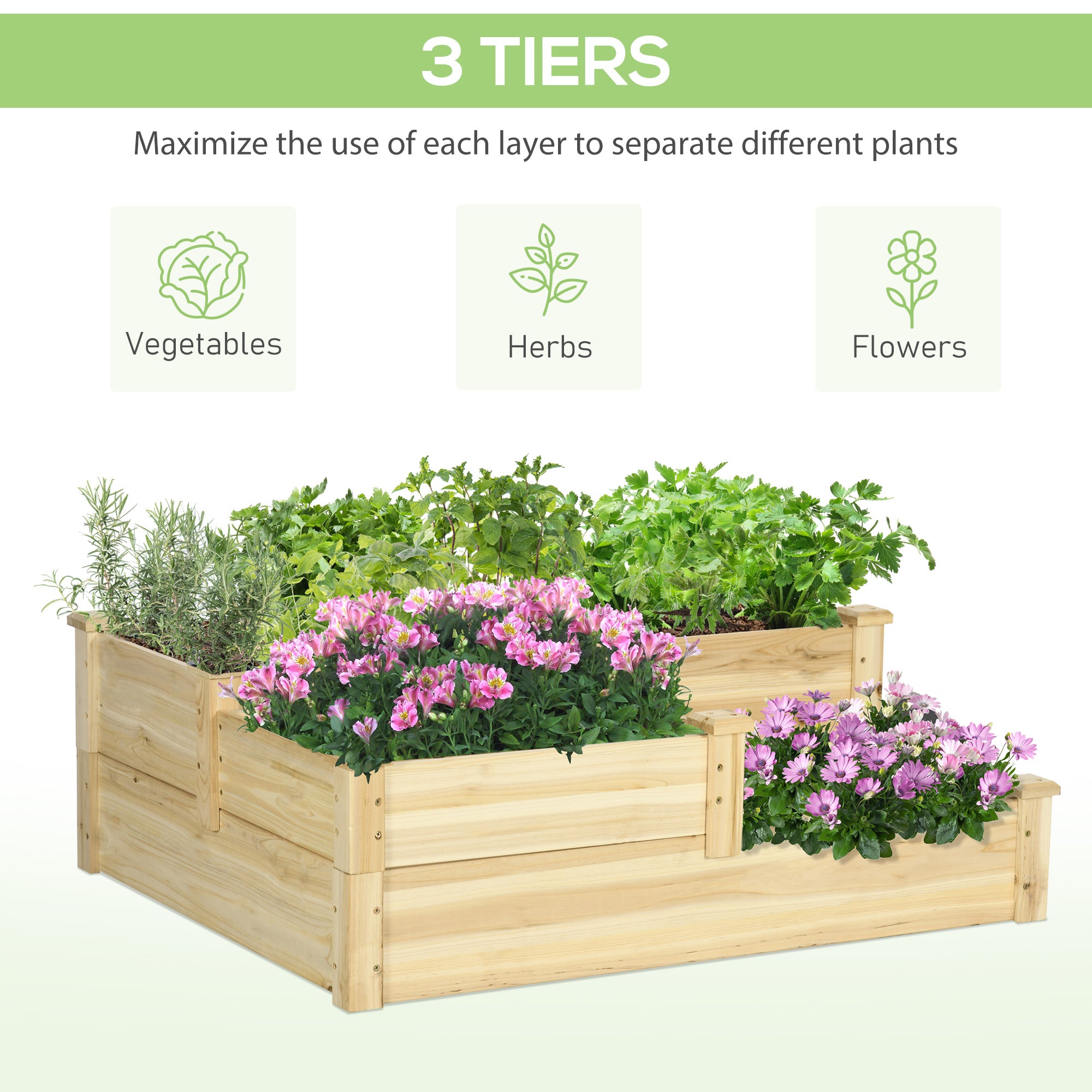 3 Tier Raised Flower Bed Outdoor Planter Box Wooden Garden Bed, Open Bottom for Plants, 42.5"x34.75"x14.25", Natural - Natural Wood - Image 4