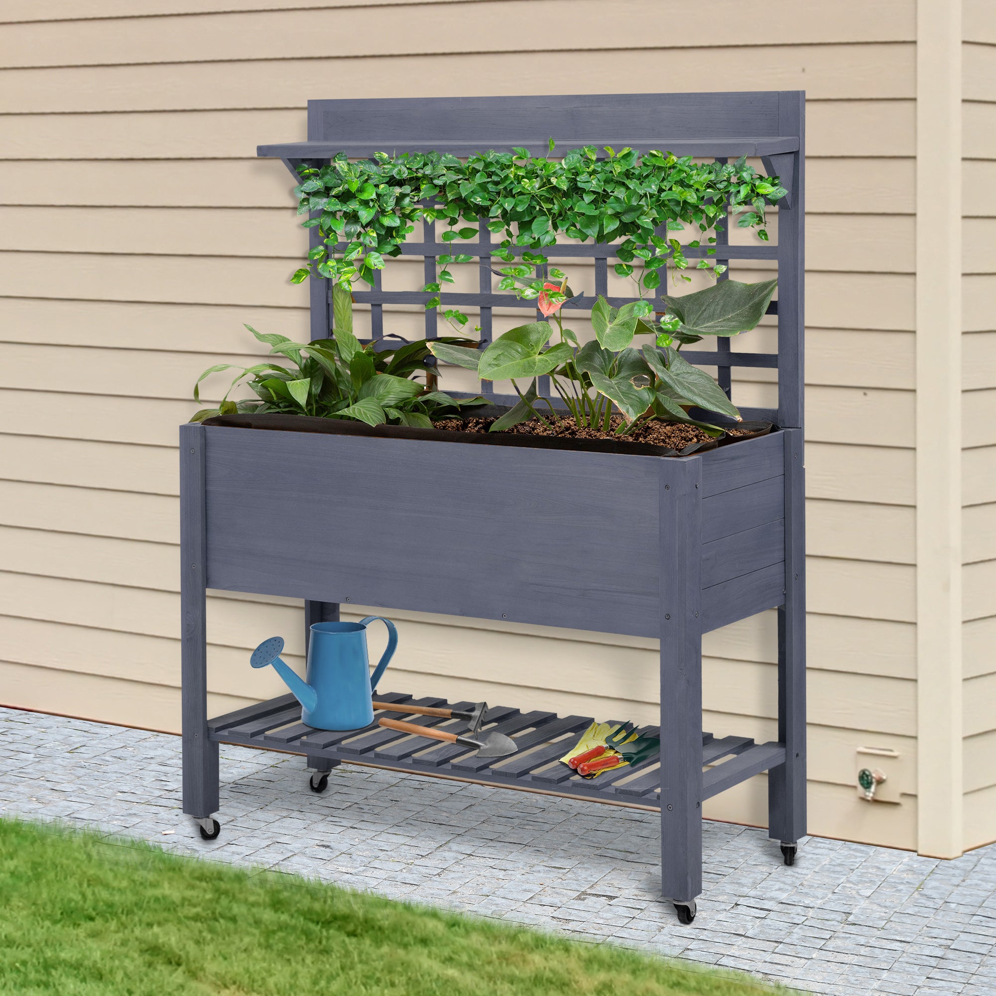 41" Raised Garden Bed Mobile Elevated Wooden Planter Box Stand with Wheels, Trellis and Storage Shelf, Gray - Gray - Image 2