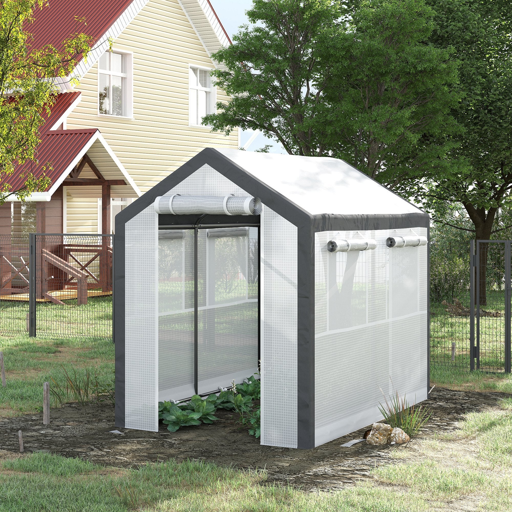 Outdoor Walk-In Tunnel Greenhouse with Roll-up Windows, Zippered Mesh Door, & Weather Cover, 8' x 6' x 7.4' - White - Image 2