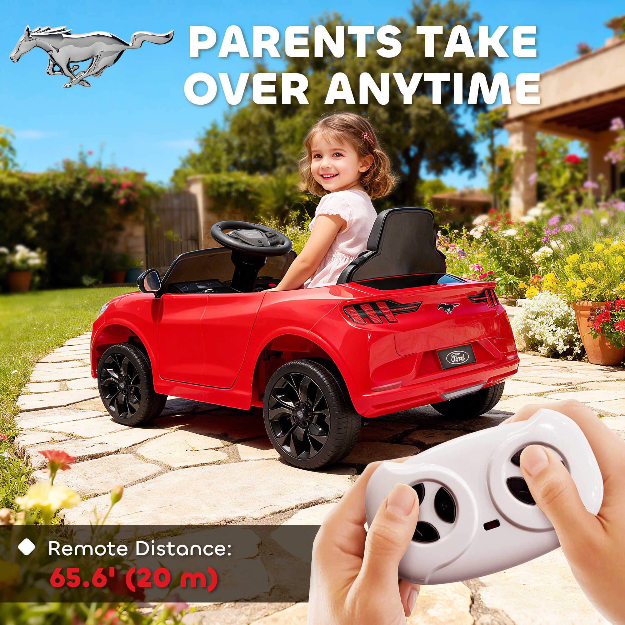 12V Kids Ride On Car, Licensed Ford Mustang Mach-E Electric Car with Remote Control, LED Light, Music, Red