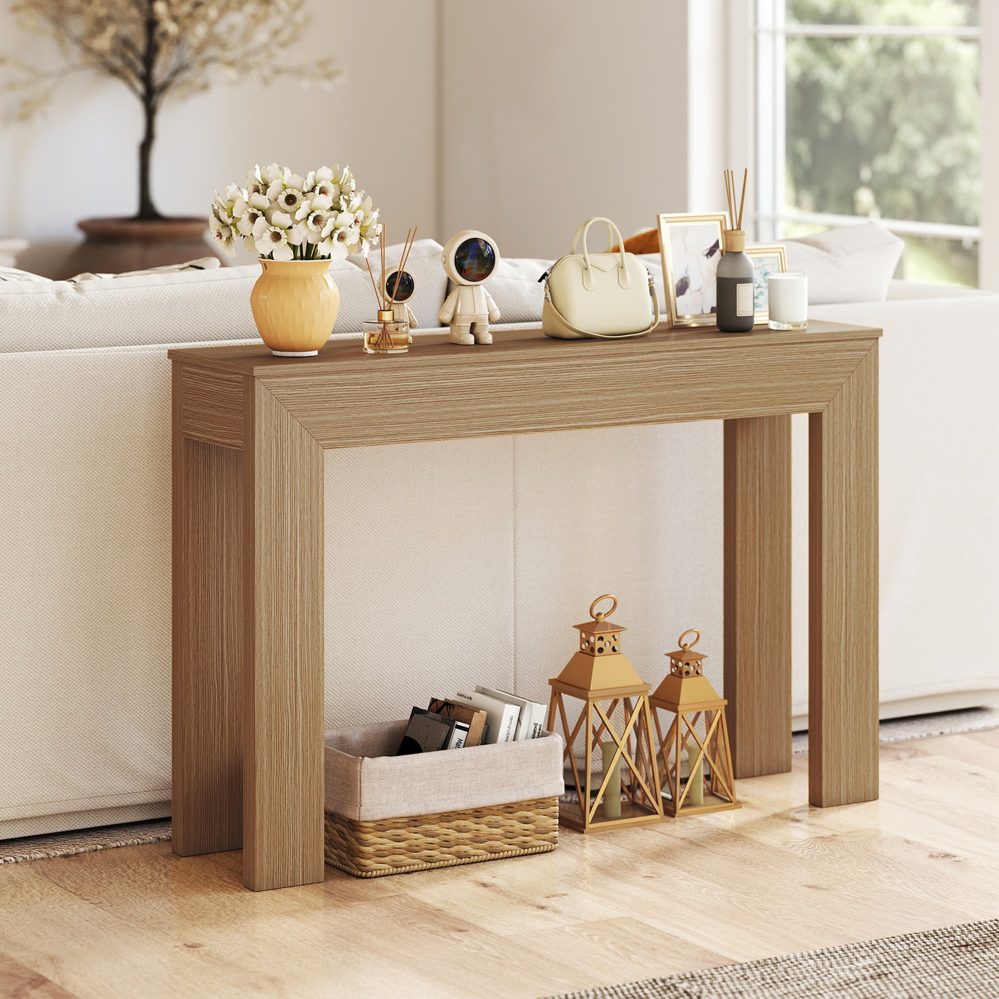 Modern Console Table, 47" Narrow Entryway Table, Natural Wood