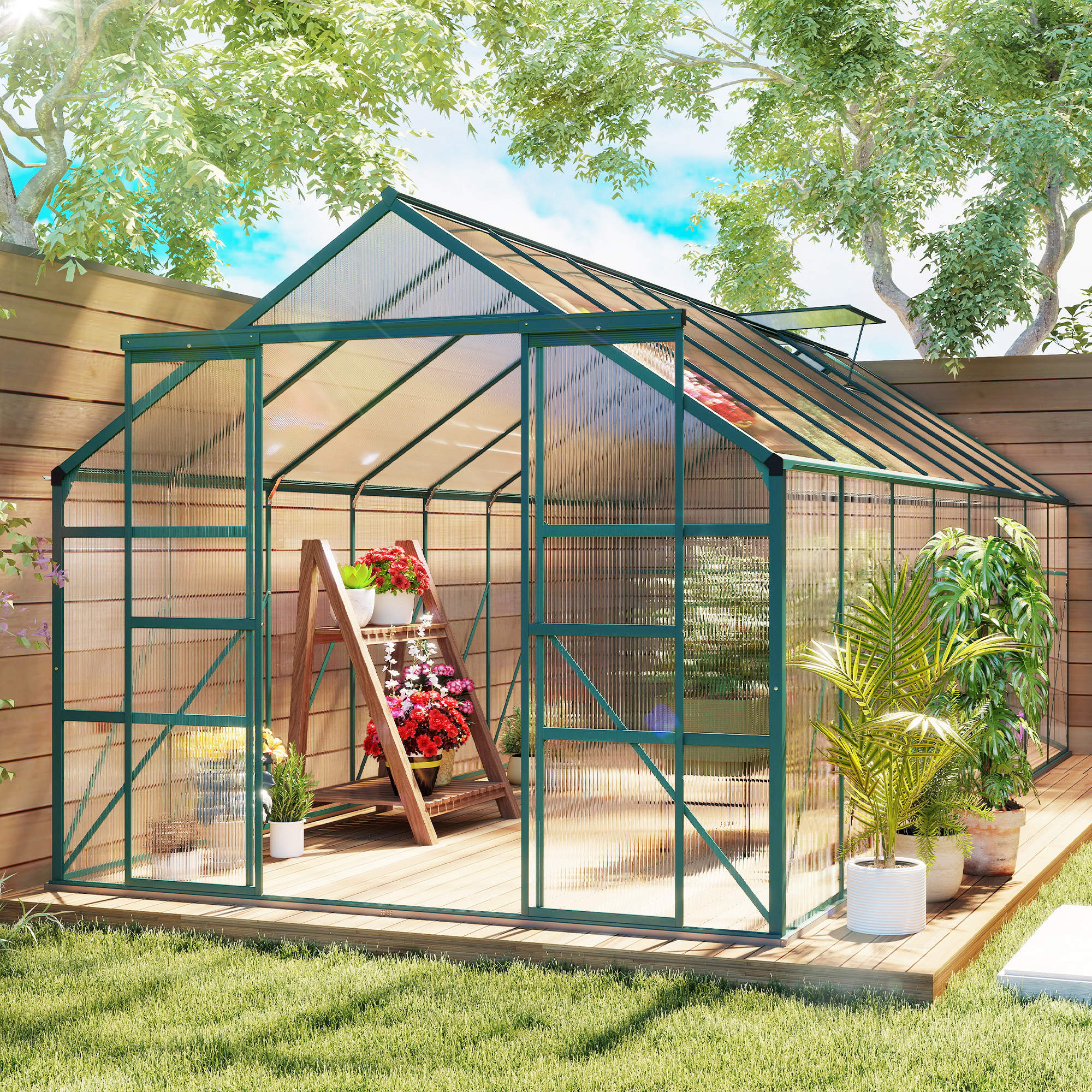 16' x 8' Aluminum Greenhouse Polycarbonate Walk-in Garden Greenhouse Kit with Adjustable Roof Vent, Rain Gutter and Sliding Door for Winter, Clear - Clear - Image 2