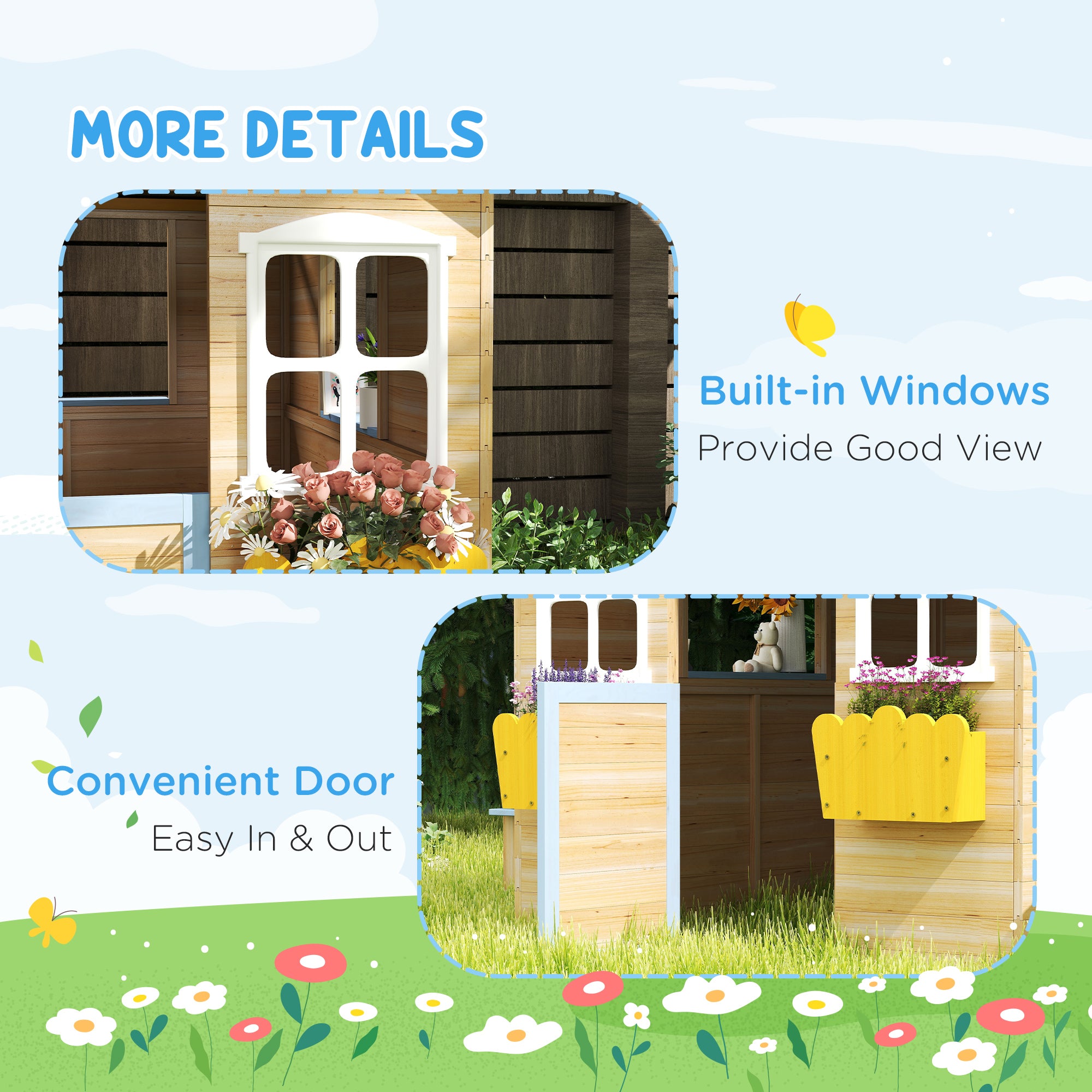 Wooden Playhouse for Kids Outdoor Garden with Working Door, Windows, Bench, Service Station, Flowers Pot Holder, Blue