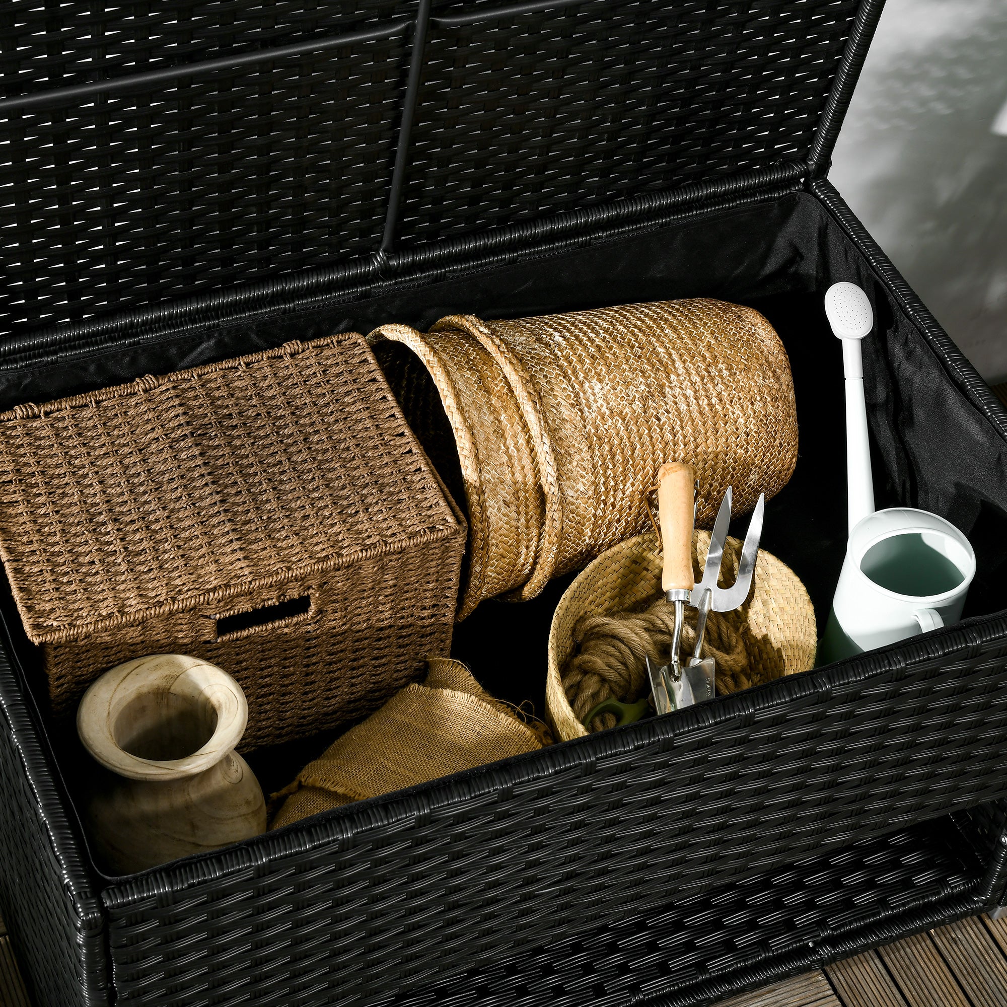 Outdoor Deck Box & Shoe Storage, PE Rattan Wicker Towel Rack with Liner for Indoor, Outdoor, Patio Furniture Cushions, Pool, Garden Tools, Black - Black - Image 7