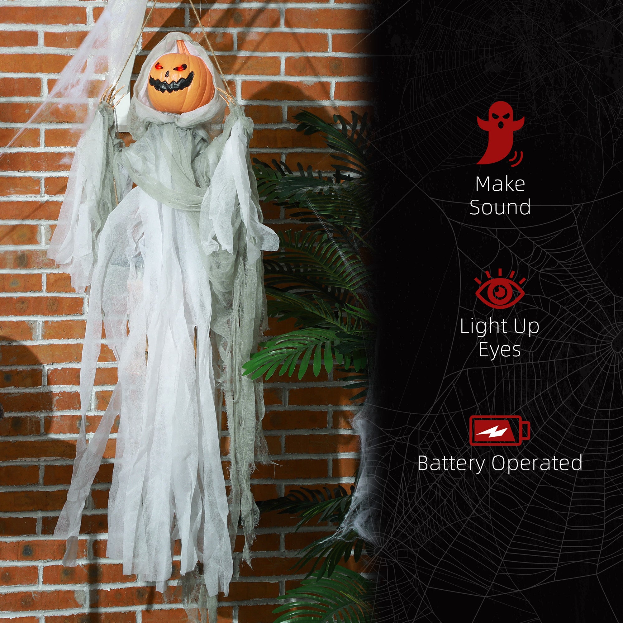 3.9' Outdoor Halloween Hanging Pumpkin Ghost w/ Light Up Eyes, Sound Activated Prop w/ Creepy Howling Sounds