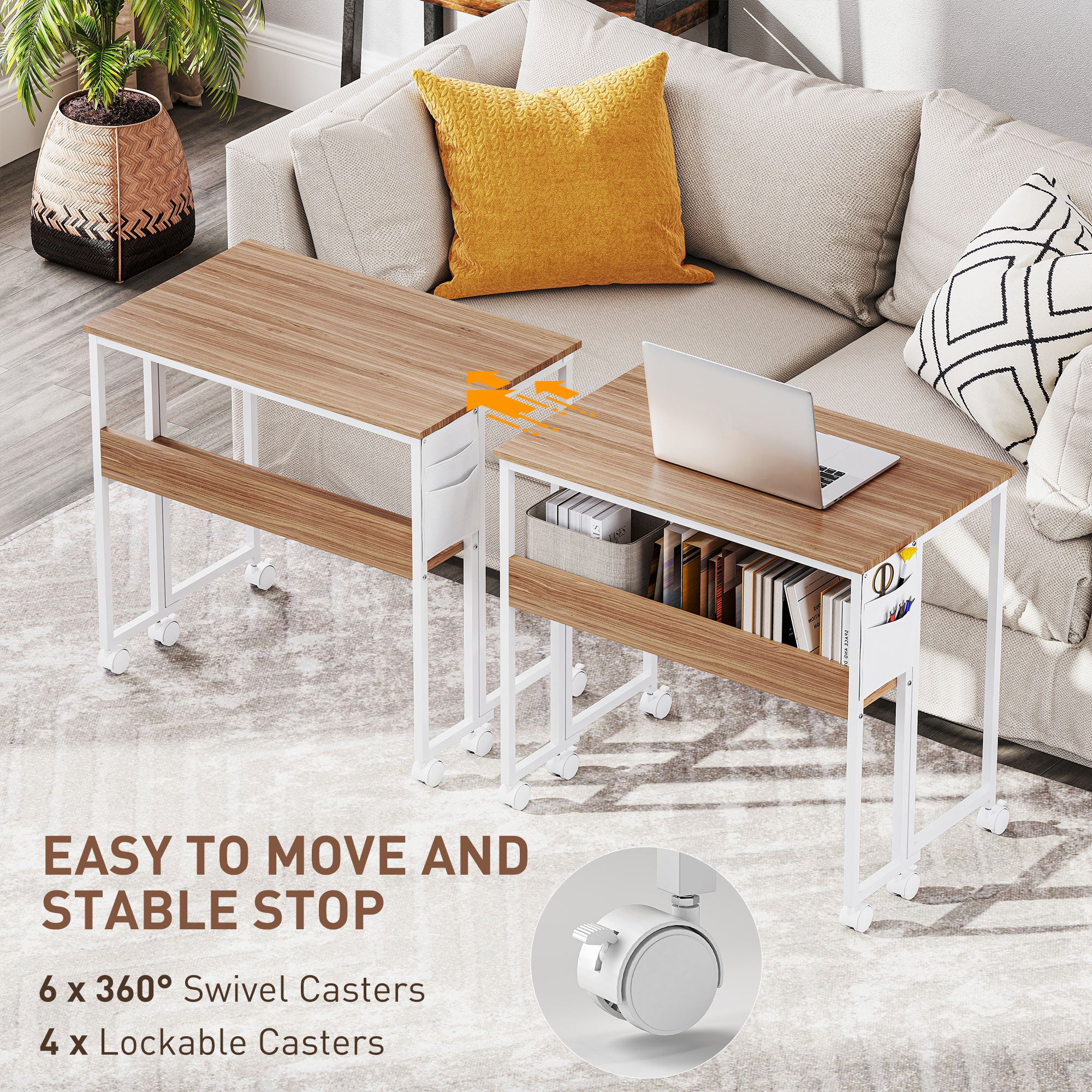 Folding Computer Desk, Foldable Desk with Storage Bag, Shelf and Wheels for Small Spaces, Home Office, Natural Wood
