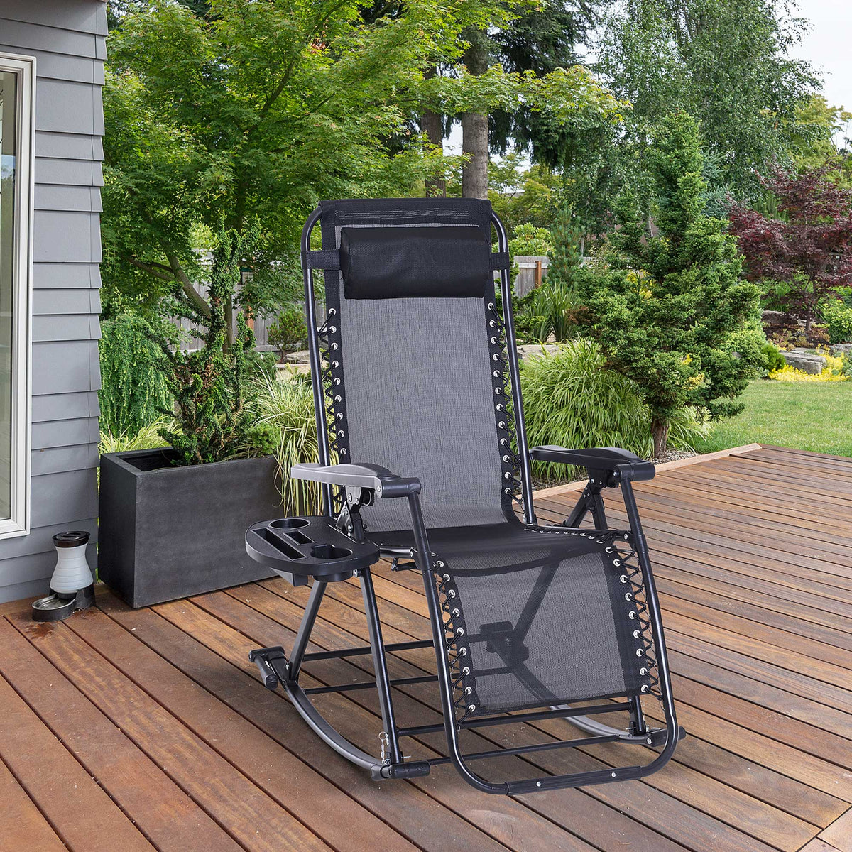 Outdoor Rocking Chairs, Foldable Reclining Zero Gravity Lounge Rocker with Pillow, Cup & Phone Holder, Combo Design with Folding Legs, Black