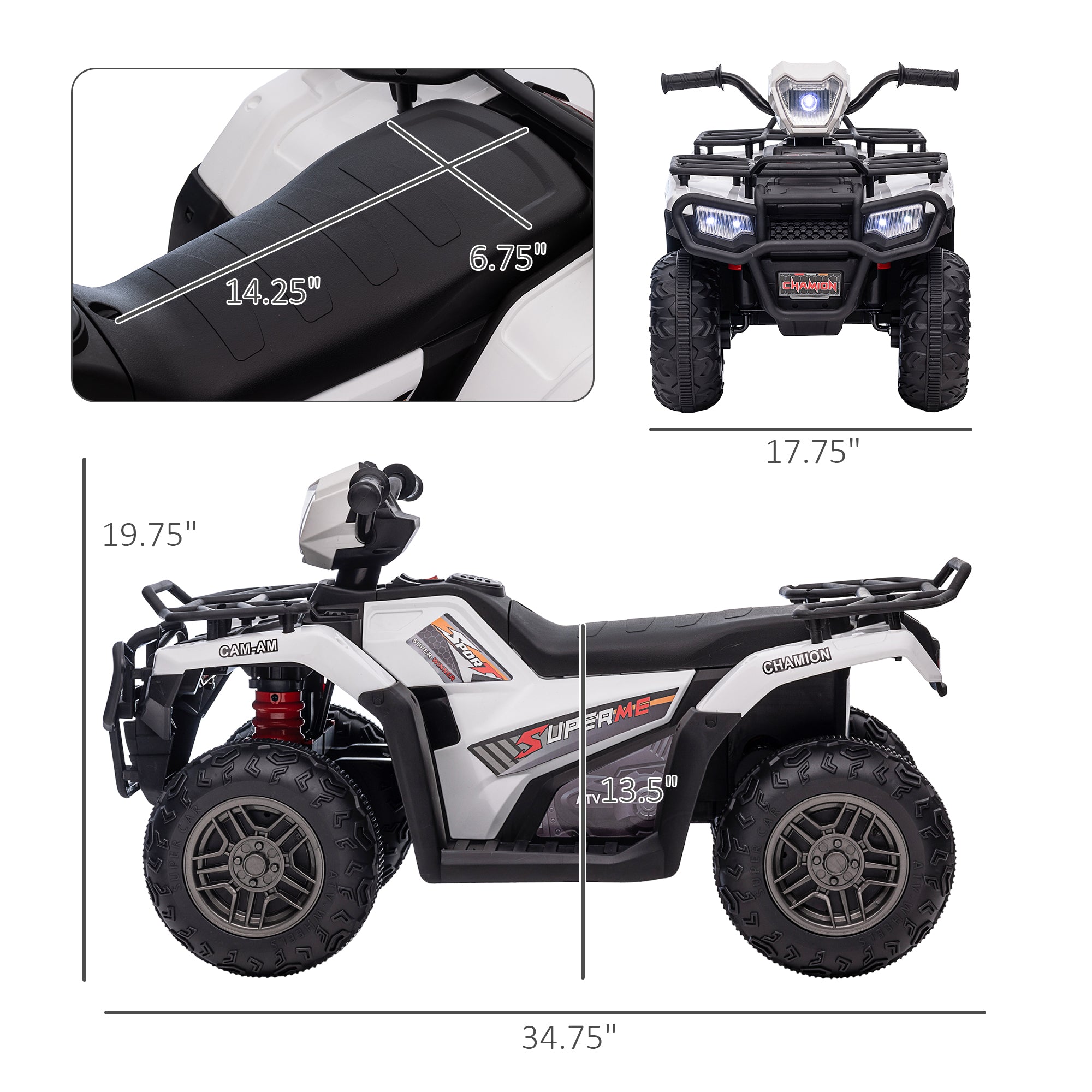 12V Electric Toy Car with Forward Backward Function, Music, LED Headlights, for Ages 3-5 Years, White