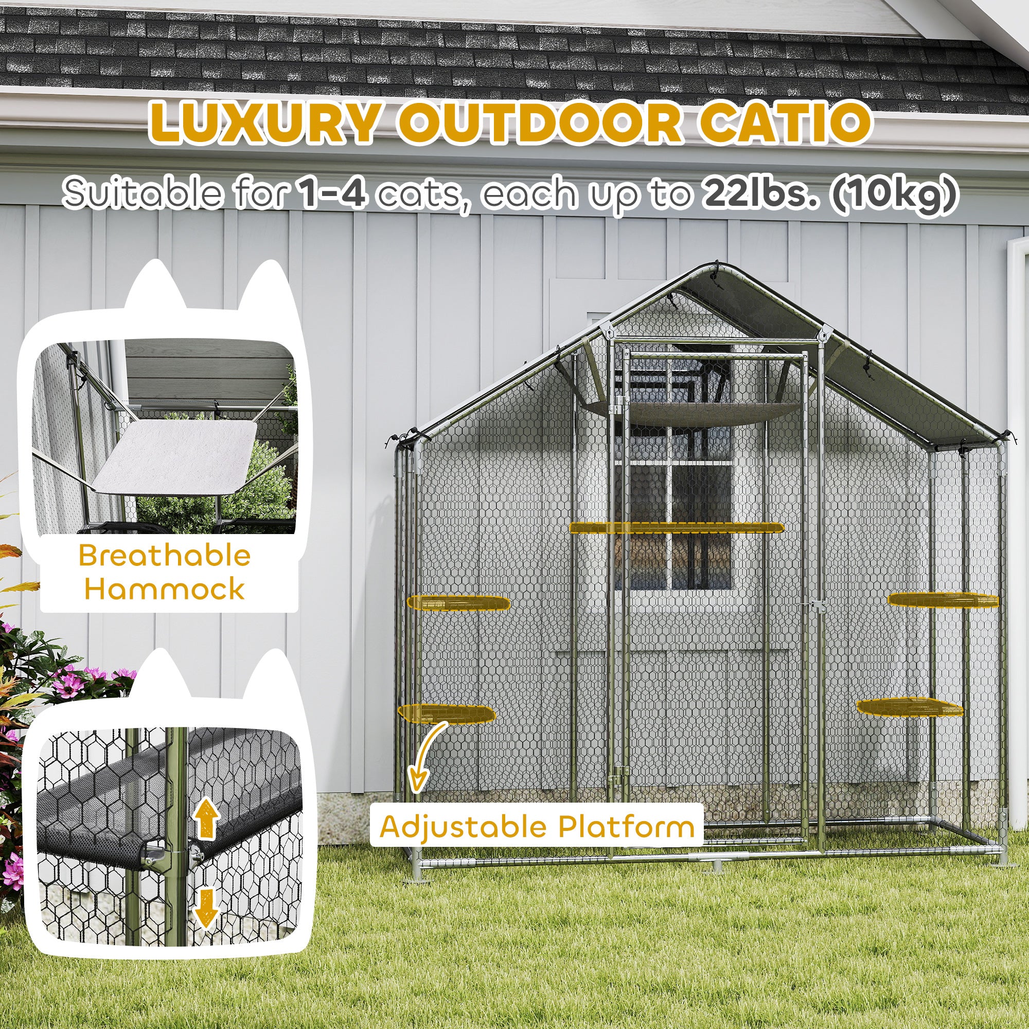 Large Catio Outdoor Cat Enclosure with Waterproof Cover, Walk-in Cat Patio w/ 5 Adjustable Platforms & Hammock - Silver - Image 5