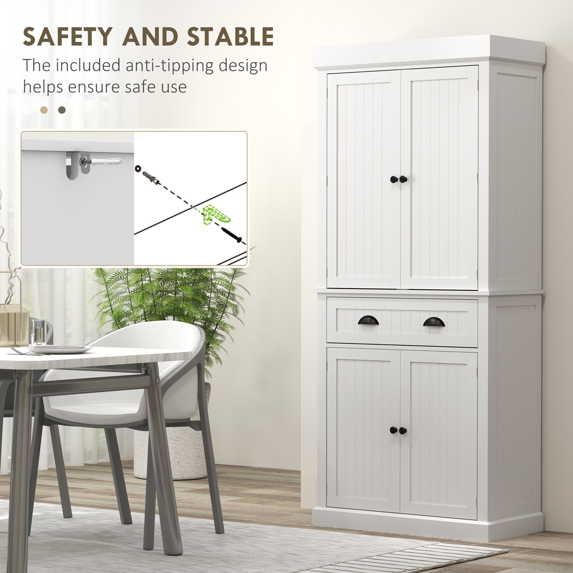 71" Kitchen Pantry Cabinet with LED Lights, 6 Door Shelves, a Drawer and 4 Adjustable Shelves, White