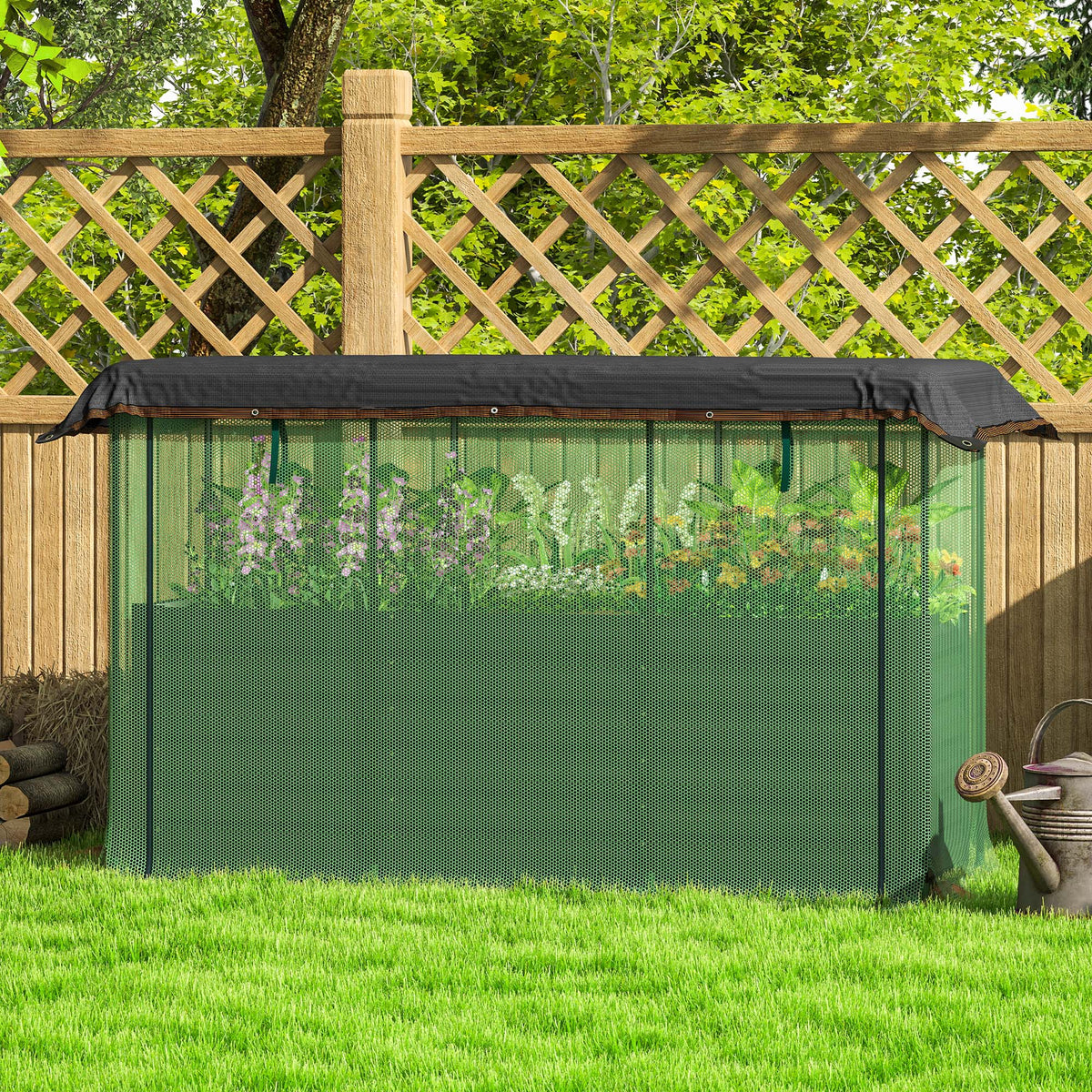 Galvanized Steel Planter Box with Crop Cage and Shade Cloth, Raised Garden Bed for Flowers, Veggies and Herbs, Dark Gray