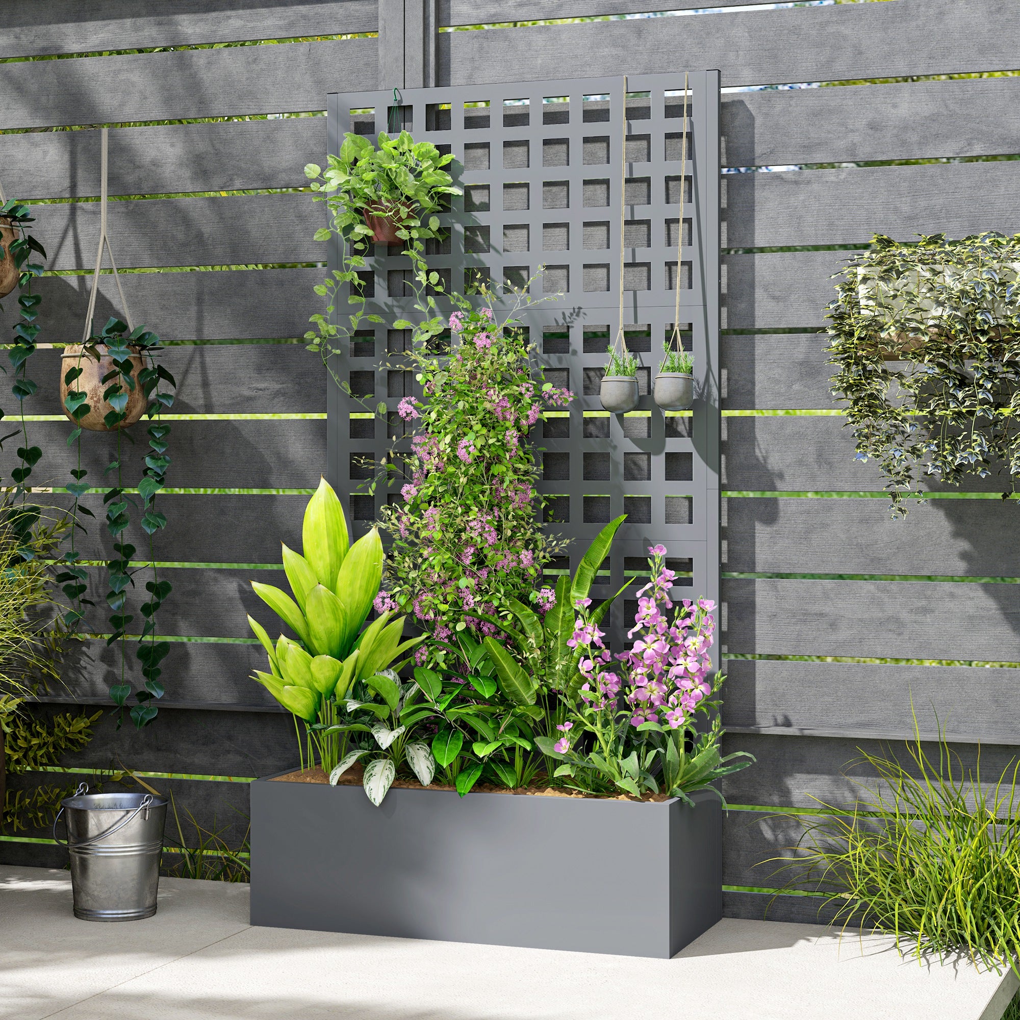Galvanized Raised Garden Bed Planter Box with Trellis for Climbing Plants, Vegetable, Vines, 35" x 16" x 70", Gray - Gray - Image 8