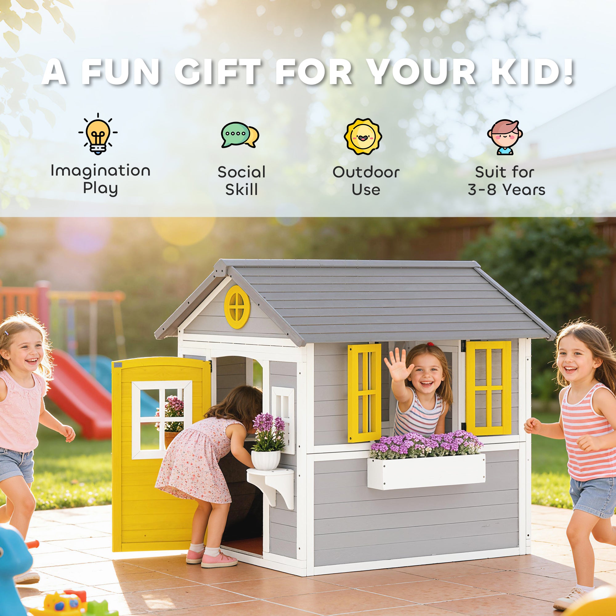 Wooden Playhouse for Kids Outdoor with Doors, Windows, Planter Pots and Boxes for Toddlers 3-8 Years, Gray