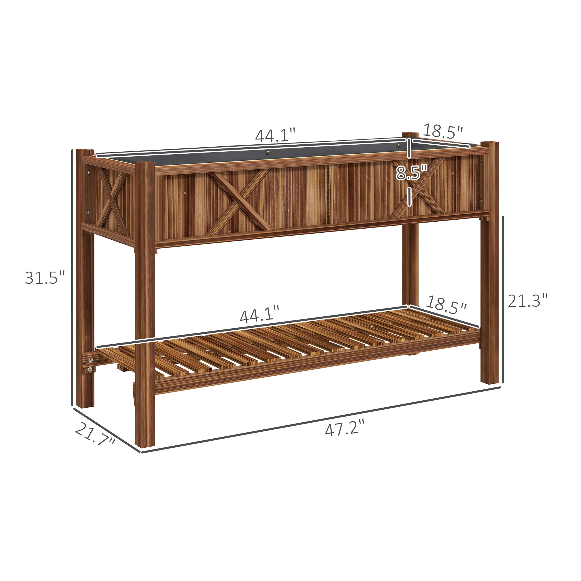 Raised Garden Bed, 47 x 22 x 31.5 in Elevated Wood Planter Box with Storage Shelf, Drainage Holes and Liner, Carbonized - Carbonized - Image 3