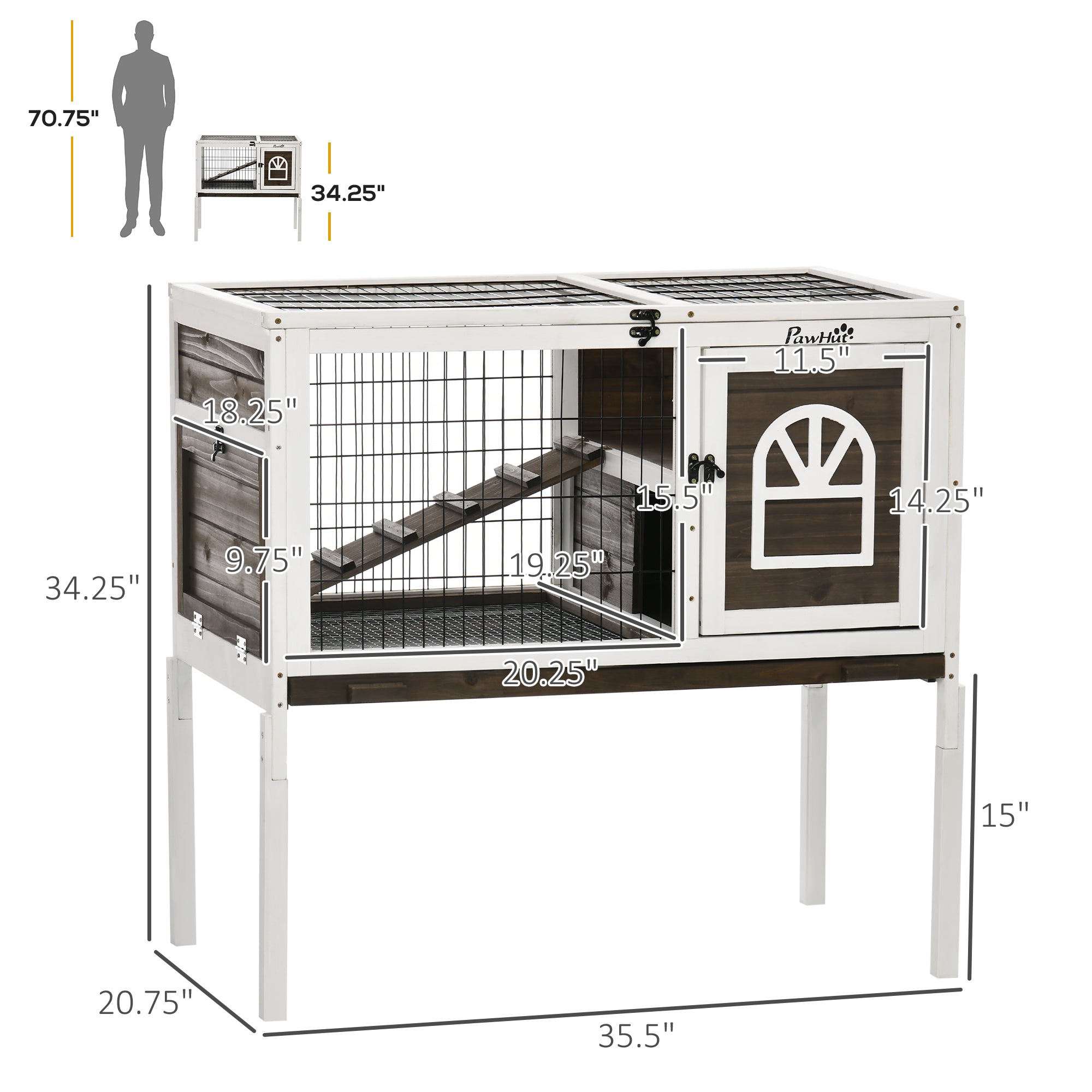 Wood Rabbit Hutch, Elevated Guinea Pig Cage with Run, Coffee - Coffee - Image 3