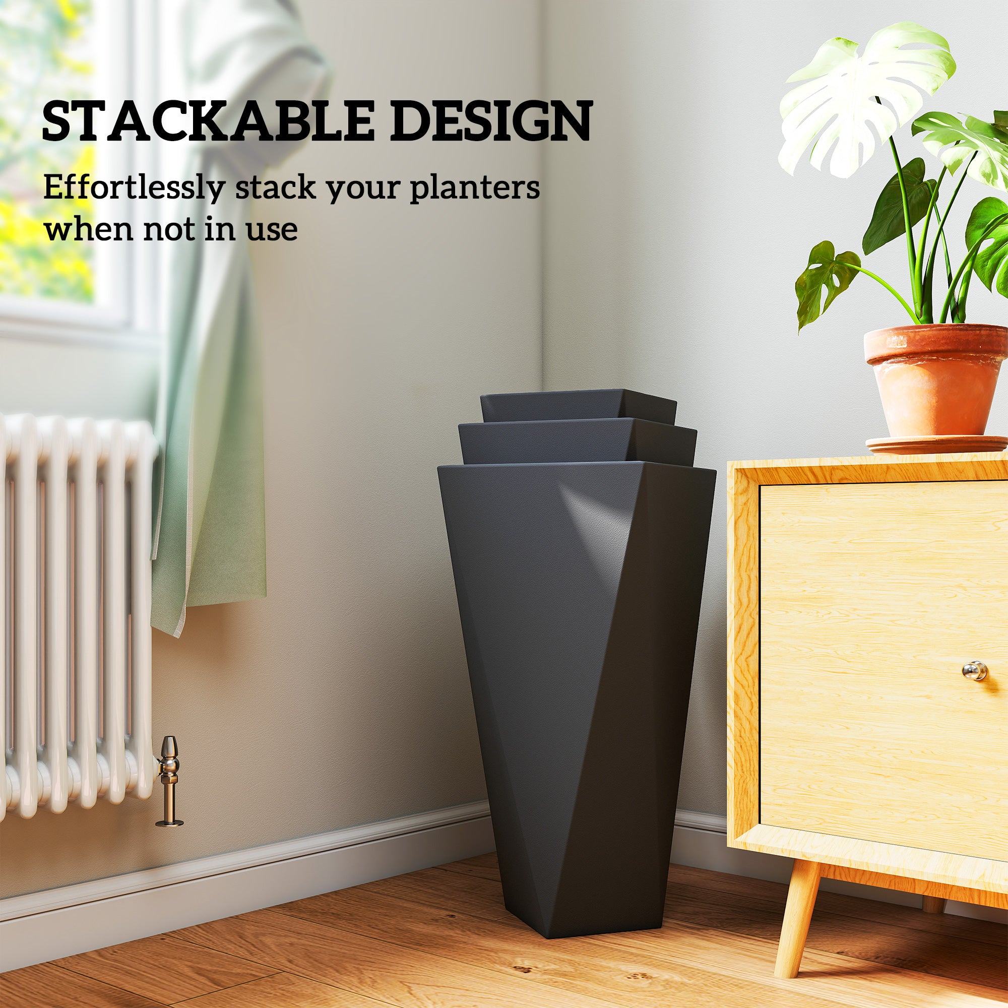 Indoor Outdoor Planters Set of 3 MgO Tall Planters Stackable Flower Pots with Drainage Holes for Garden, Balcony, Black - Black - Image 6