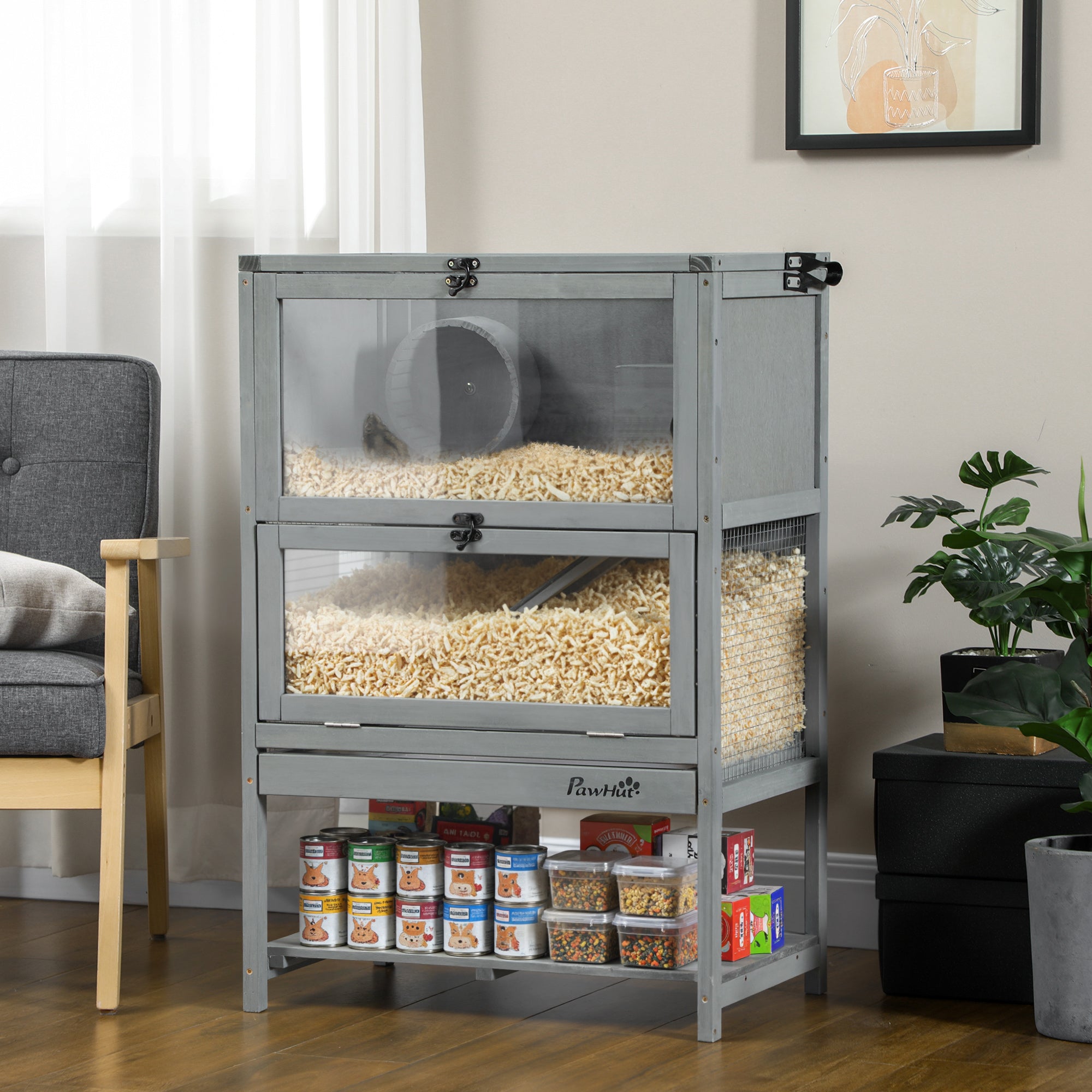 Wooden Hamster Cage with Storage Shelf, Large Rat Mouse Habitat Including Seesaw, Small Animal Cage with Sliding Tray, Wide Ramp for Racing, Running Wheel, 35.5" H - Grey - Image 2