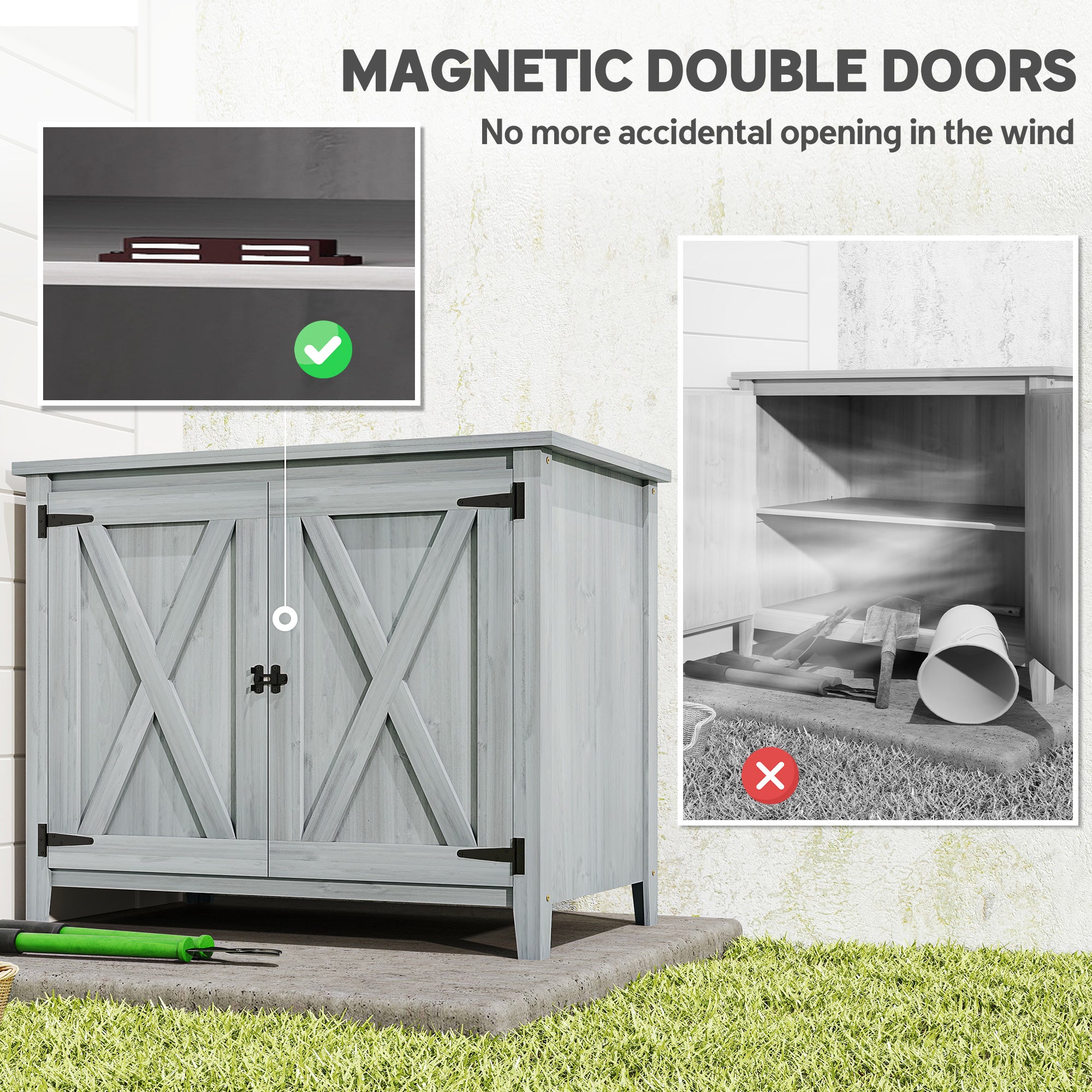 Wooden Outdoor Storage Cabinet, Garden Shed Potting Shed with Shelf and Double Doors, Light Gray - Light Gray - Image 6