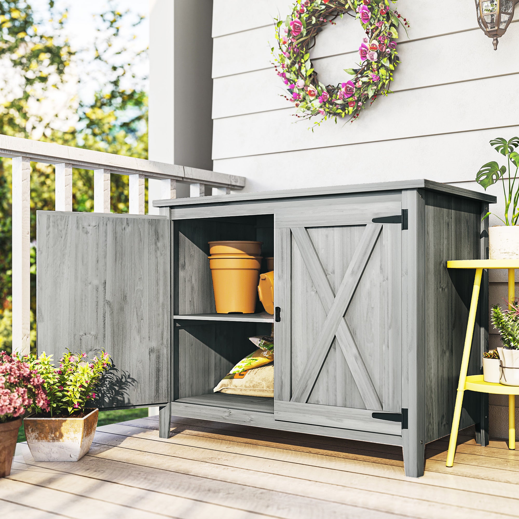 Wooden Outdoor Storage Cabinet, Garden Shed Potting Shed with Shelf and Double Doors, Light Gray - Light Gray - Image 8