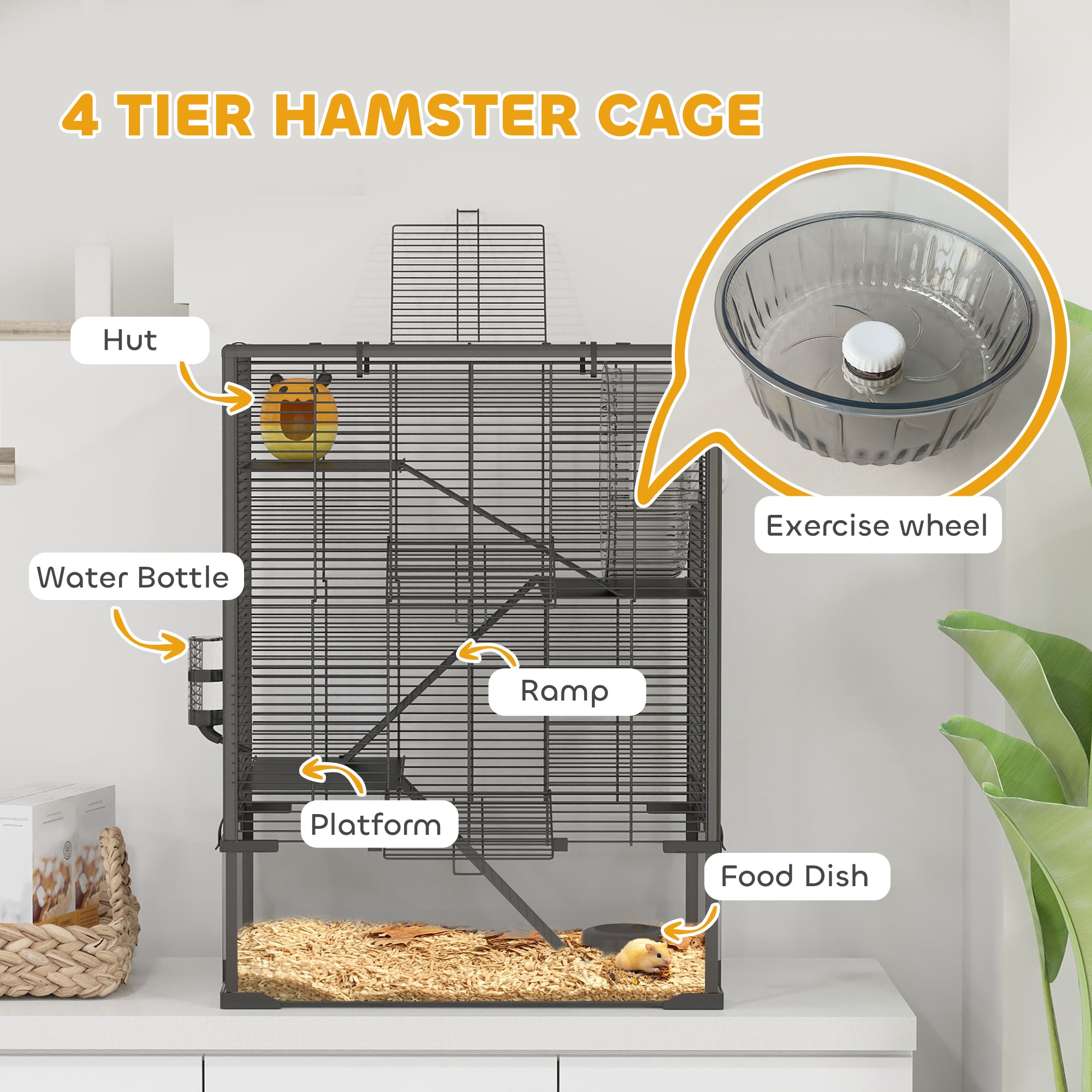 4 Tier Hamster Cage with Deep Tempered Glass Bottom, Running Wheel, Hut, Water Bottle, Food Dish, 24" x 16" x 31.5" - Black - Image 5