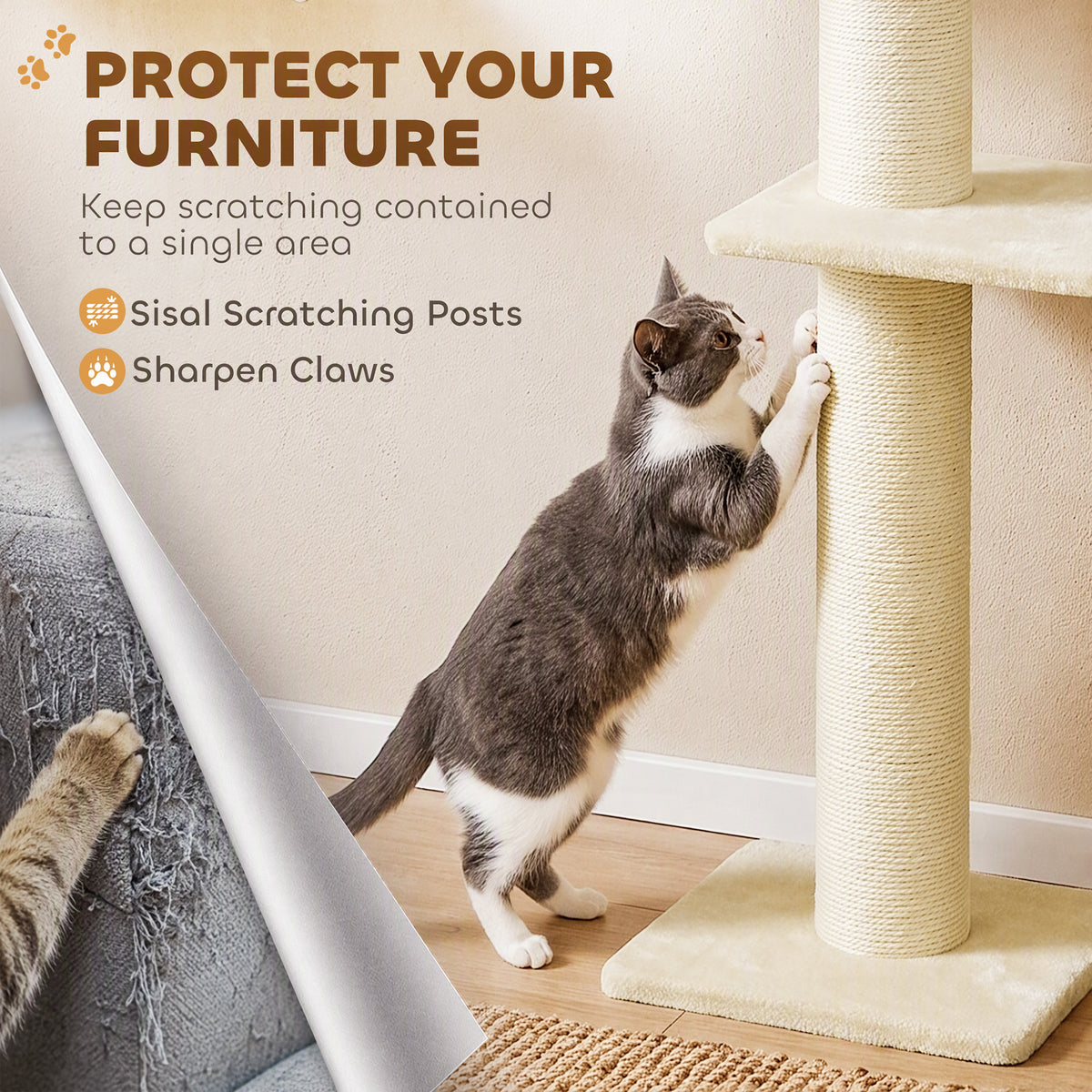 Cat Wall Shelves, 3-in-1 Cat Wall Furniture Set with Scratching Post for Indoor Kittens Climbing Sleeping, Beige