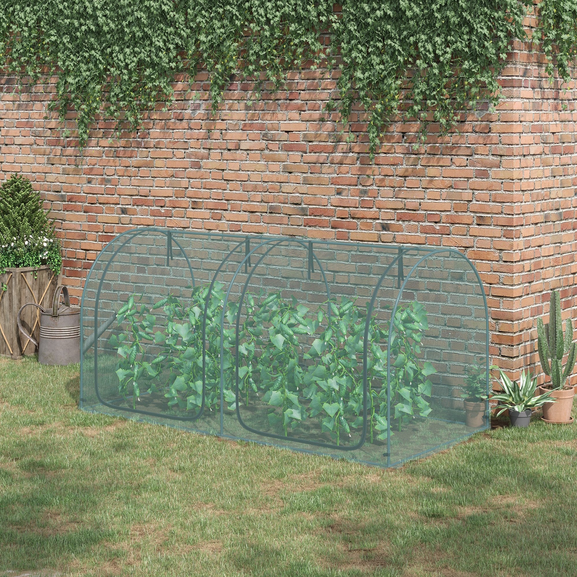 8' x 4' Crop Cage, Plant Protection Tent with Two Zippered Doors, Storage Bag and 4 Ground Stakes, for Garden, Yard, Lawn, Green - Green - Image 2