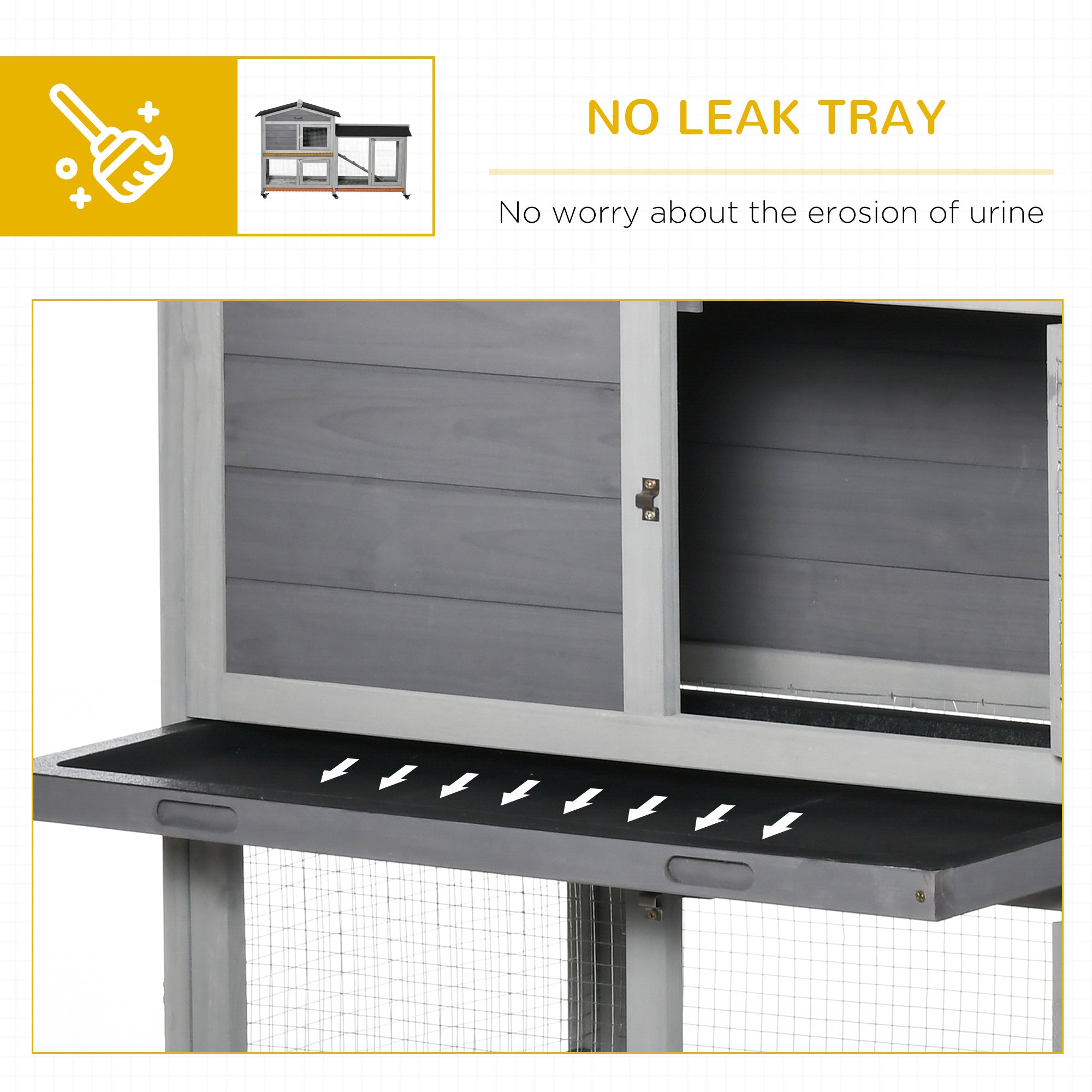 62" Wooden Mobile Rabbit Hutch with Wheels, Run Box, Slide-out Tray, Ramp - Light Grey - Image 7
