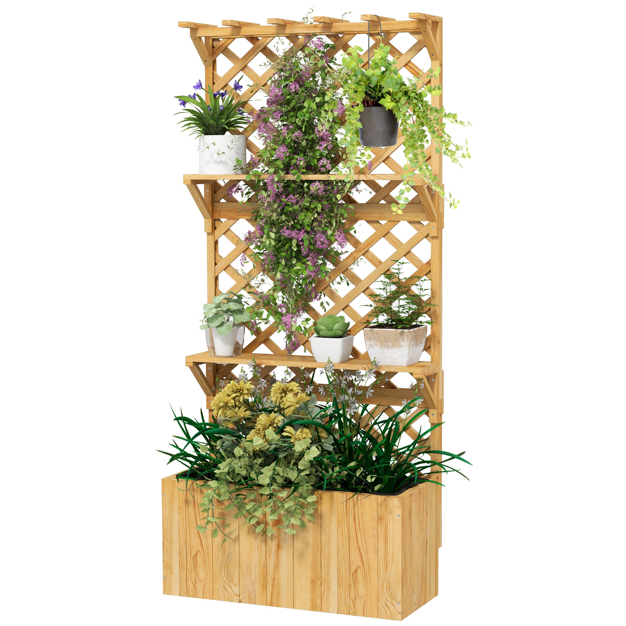 Raised Garden Bed, Wooden Planter with Trellis, Hanging Roof, Plant Shelf, Drainage Holes and Bed Liner, Natural - Natural Wood