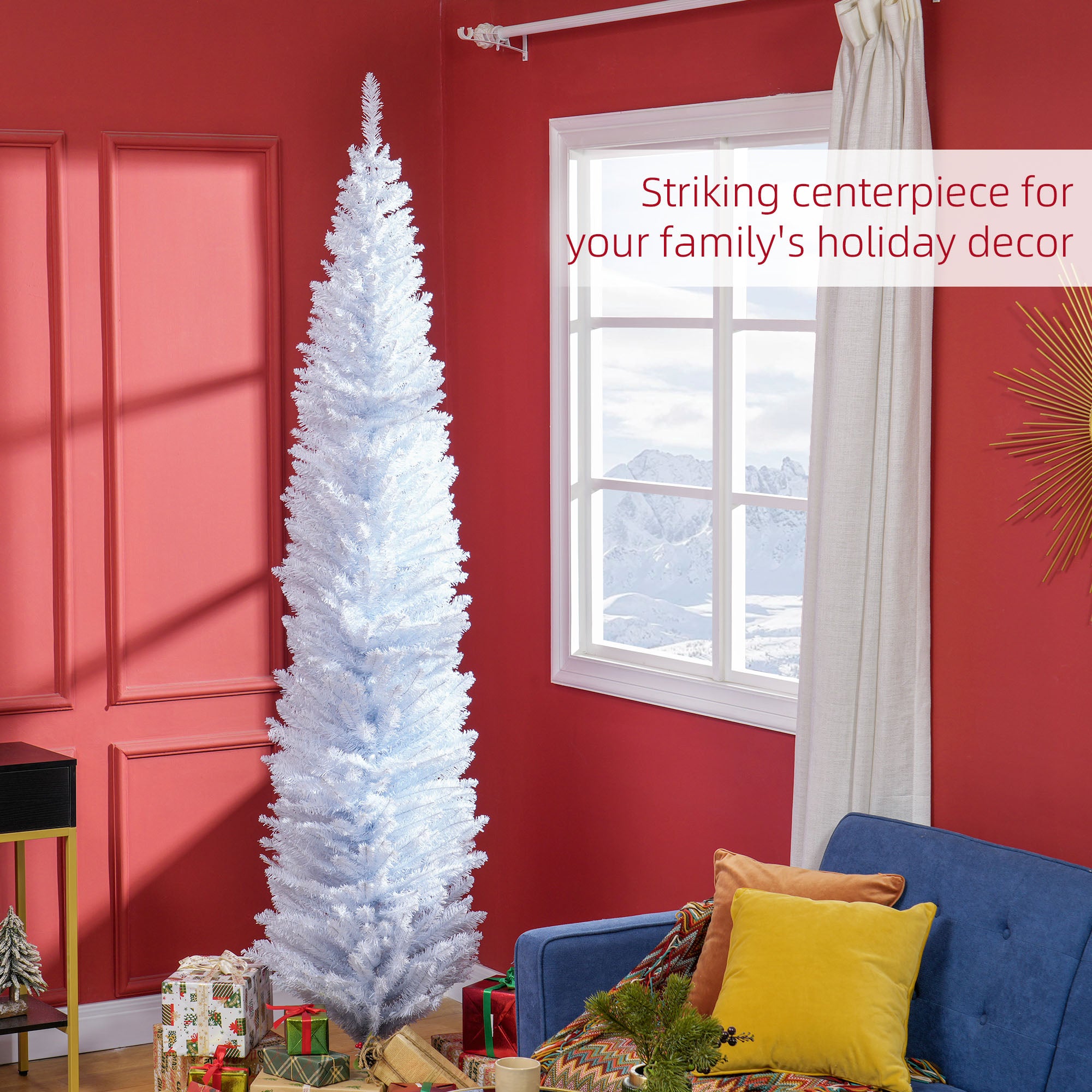 8ft Unlit Pencil Artificial Christmas Tree with Realistic Branches and 618 Tips, Plastic Base, White