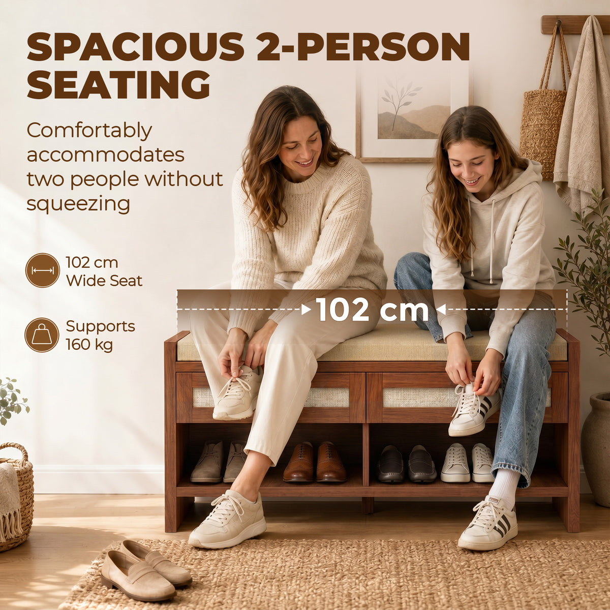 Shoe Bench with Cushioned Seat Shoe Storage Bench with 2 Rattan Drawers and Open Shelf Brown