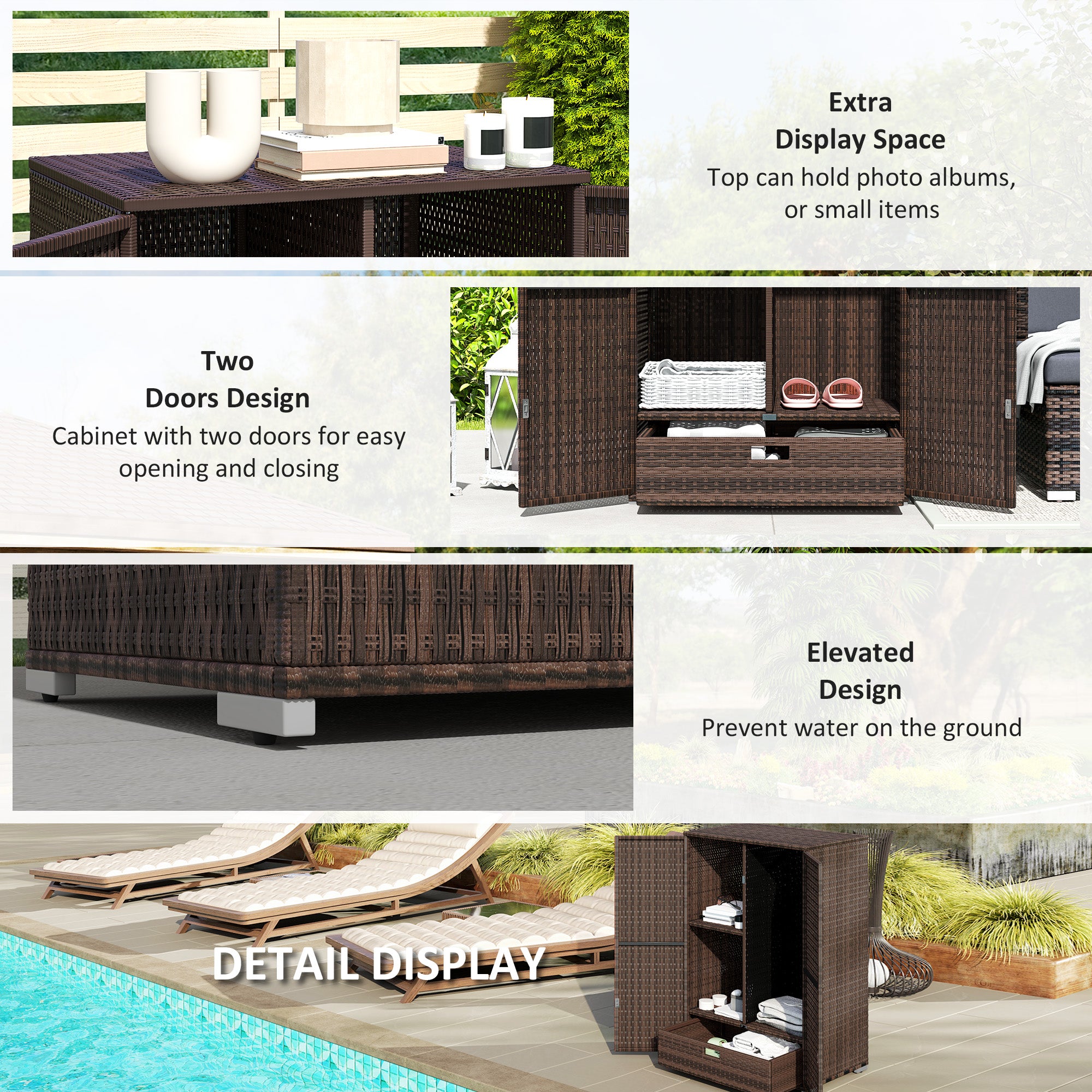 Outdoor Storage Cabinet with Shelves, Rattan Pool Towel Storage Cabinet with Removable Shelf & Drawer, Mixed Brown - Brown - Image 6