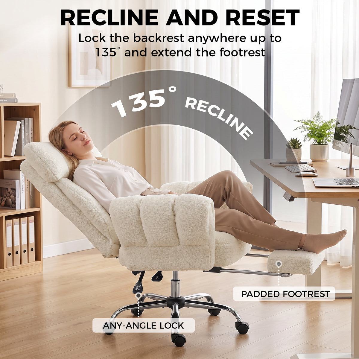 Criss Cross Office Chair with Flip-Up Armrests, Reclining Desk Chair with Wide Seat, Footrest, Wheels, Cream White
