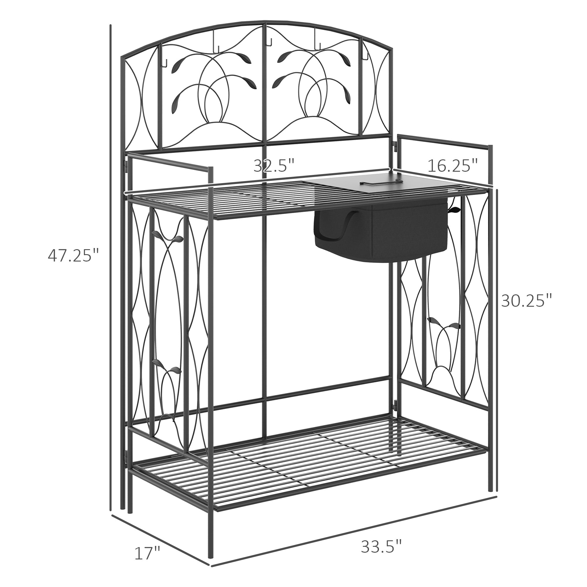 Folding Potting Bench Table, Metal Garden Workstation, Work Bench with Large Built-in Bag with Cover, 5 Hanging Hooks & Storage Shelf, Leaf Pattern - Black - Image 3