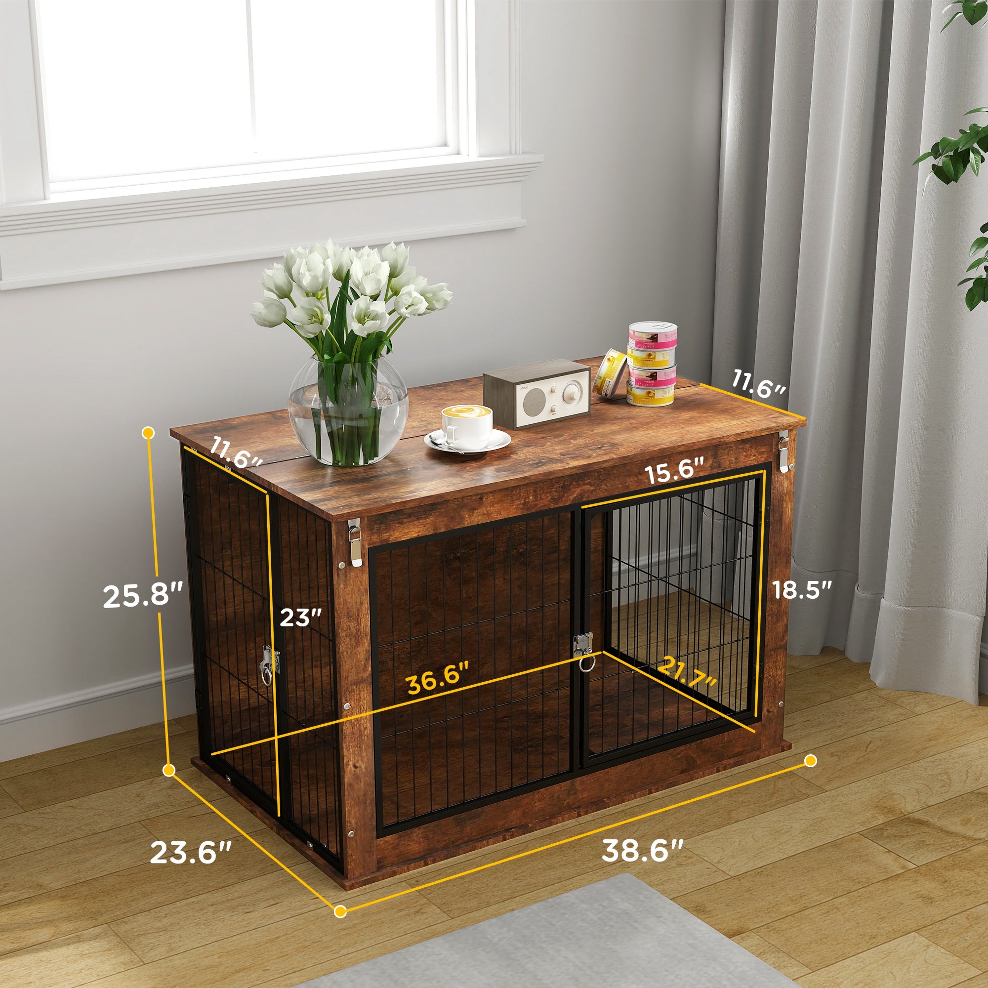 39" Dog Crate Furniture with Flip-up Top Opening, 2 Doors, Dog Kennel Furniture for Large Dogs, Rustic Brown - Rustic Brown - Image 3