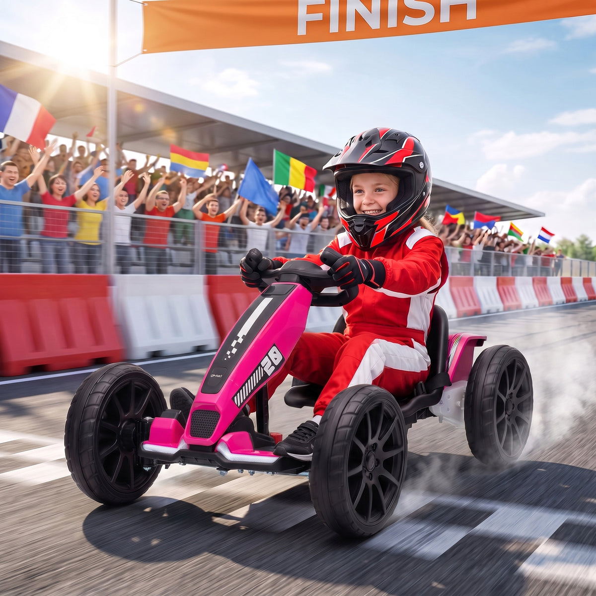 12V Electric Go Kart for Kids with Dual Motors, Adjustable Seat, Soft Start, LED Lights, EVA Wheels, for Age 3-6, Pink