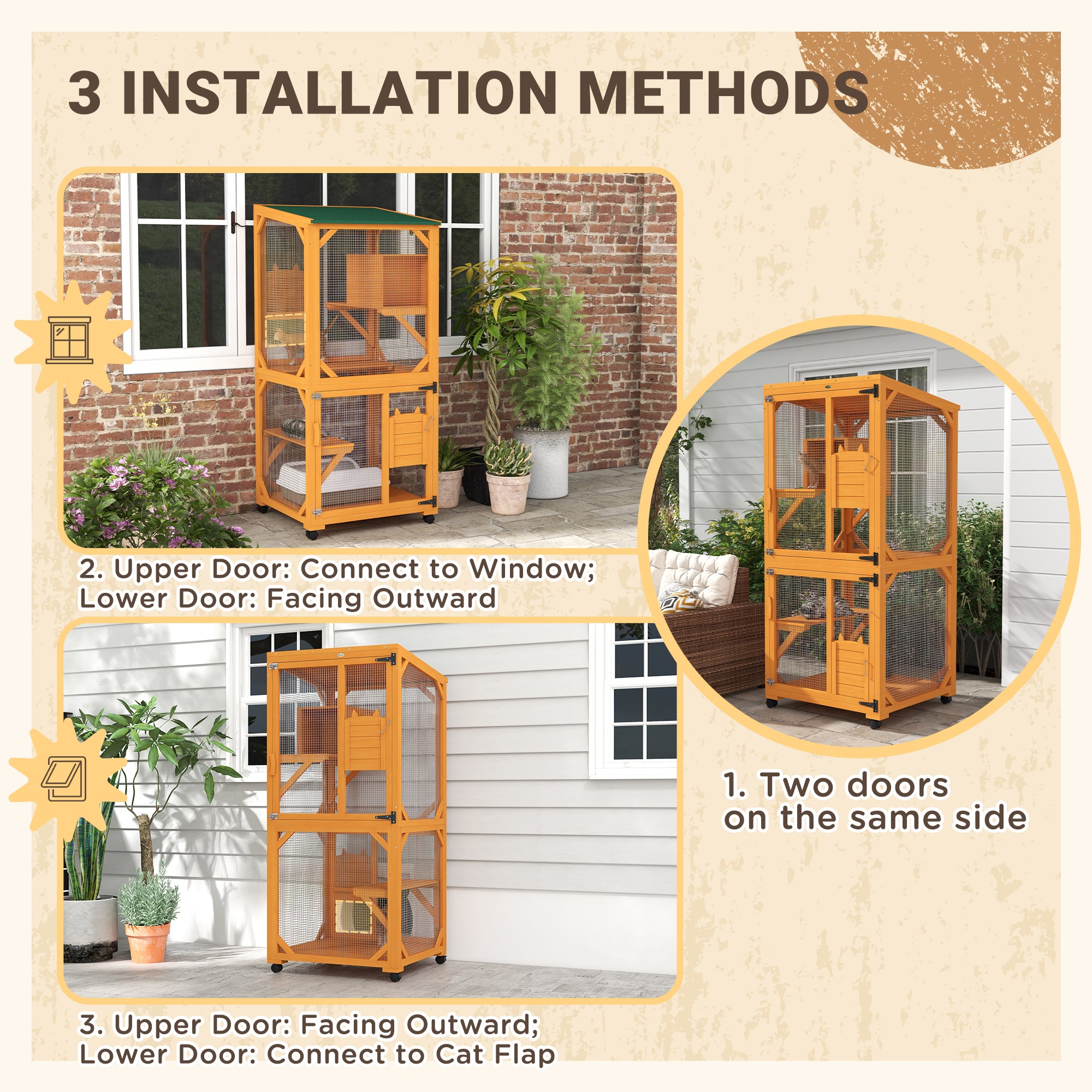 Large Cat House for 1-3 Cats on Wheels Wooden Catio Enclosure Orange - Orange - Image 5