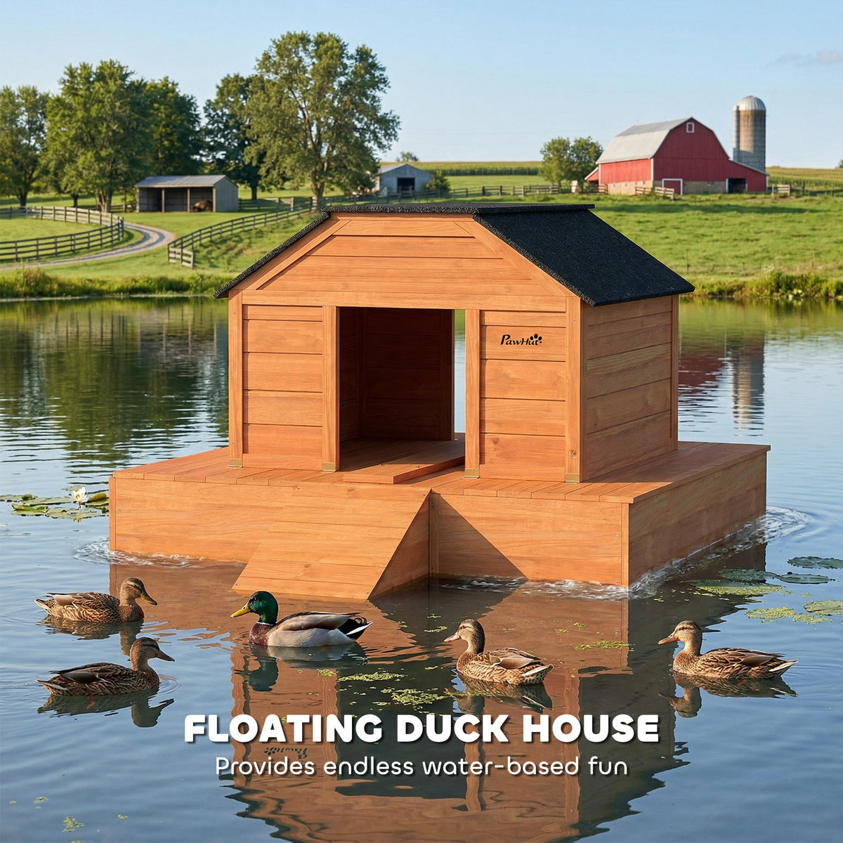 Floating Duck Coop, Wooden Duck House with Ramp and Waterproof Asphalt Roof, Small Animal House