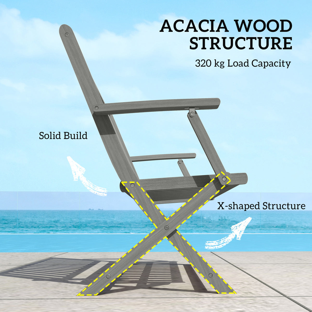 2-Person Foldable Wood Outdoor Bench with Backrest and Armrests for Garden, Porch, Park, Balcony, Gray