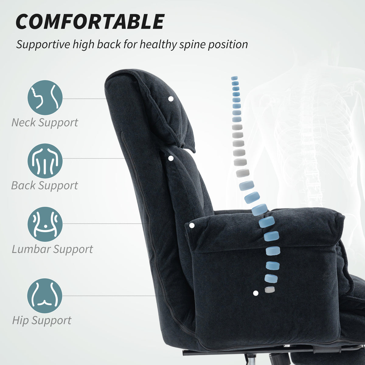 High Back Office Chair, Reclining Desk Chair with Footrest, High Resilience Foam, Rolling Wheels, Black