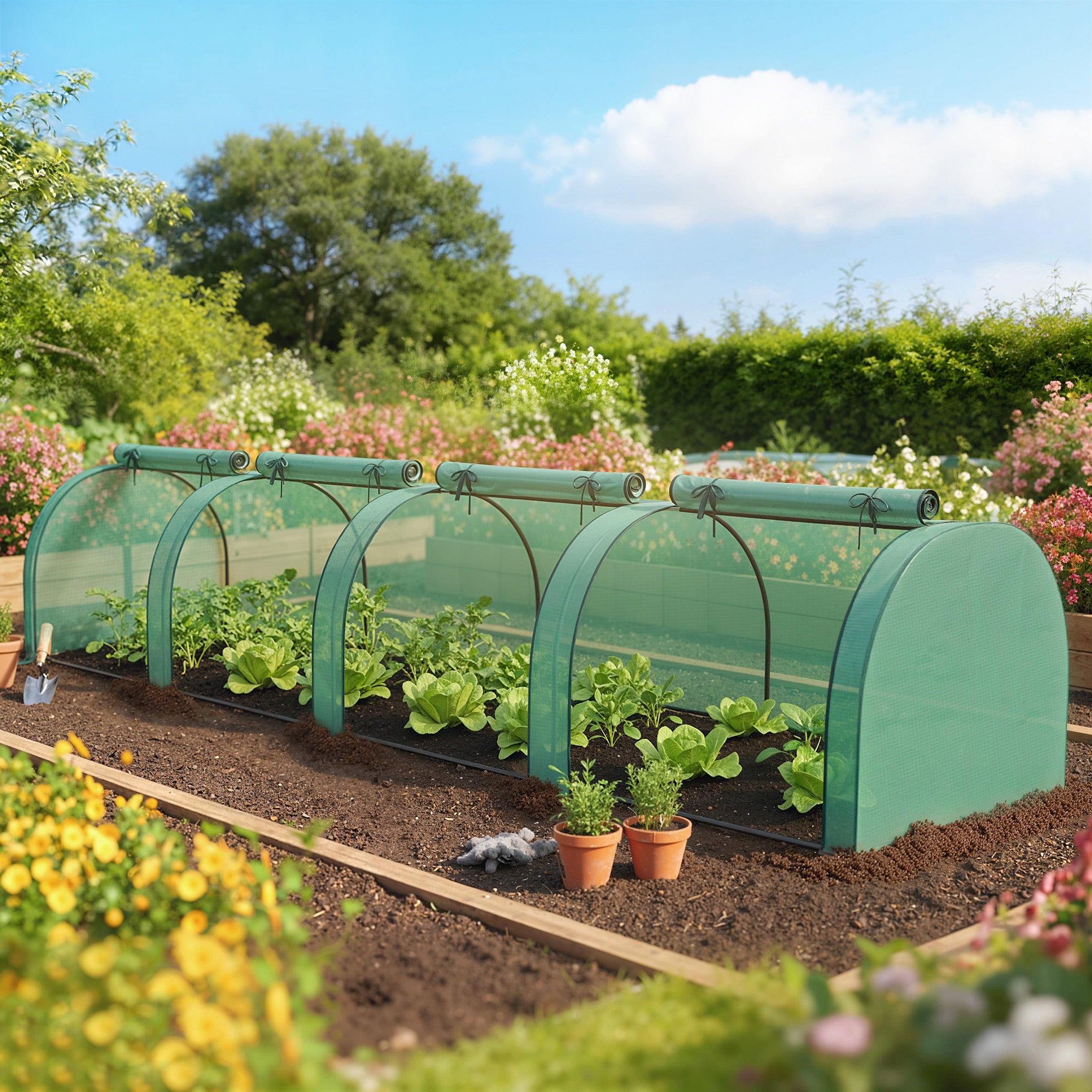 Mini Greenhouse, Portable Greenhouse with 4 Roll-Up Doors, PE Cover, 177.2" x 39.4" x 31.5", Green - Green - Image 2