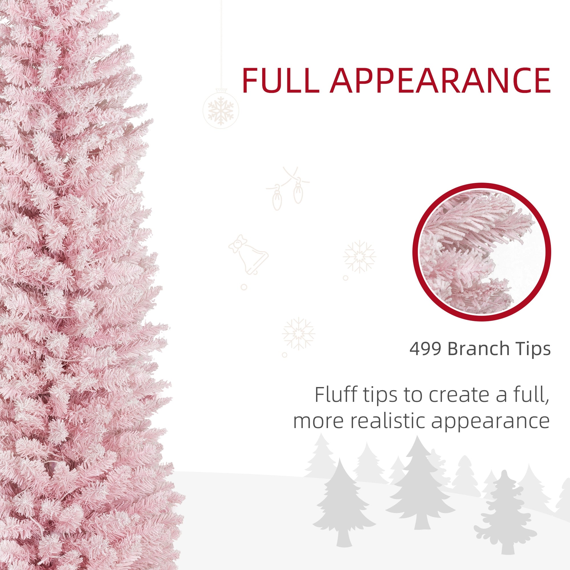 7ft Pencil Christmas Tree, Slim Artificial Christmas Tree with Snow Flocked Branches and Warm White LED Lights, Pink
