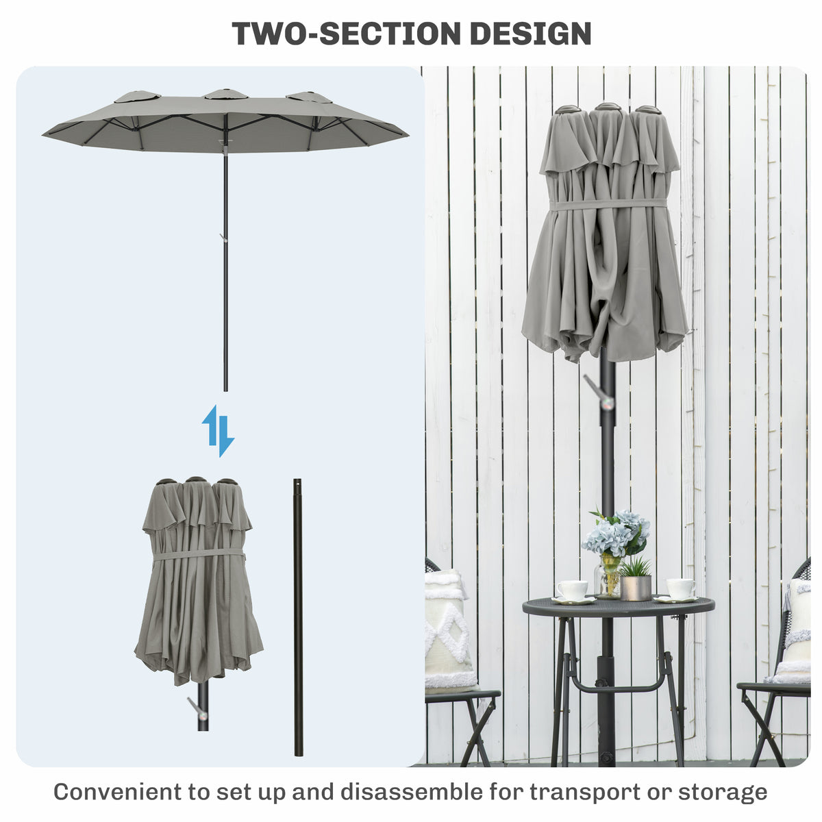 Double Sided Patio Umbrella, 9.7' Large Outdoor Market Umbrella with Push Button Tilt and Crank, 3 Air Vents and 12 Ribs, for Garden, Deck, Pool, Gray