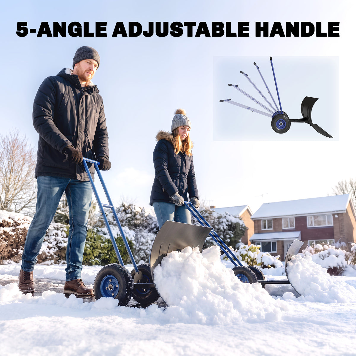 Snow Shovel with Wheels, 29" Metal Snow Pusher with Adjustable Handle, 7-Angle Blade, Wear Strip for Driveway, Blue