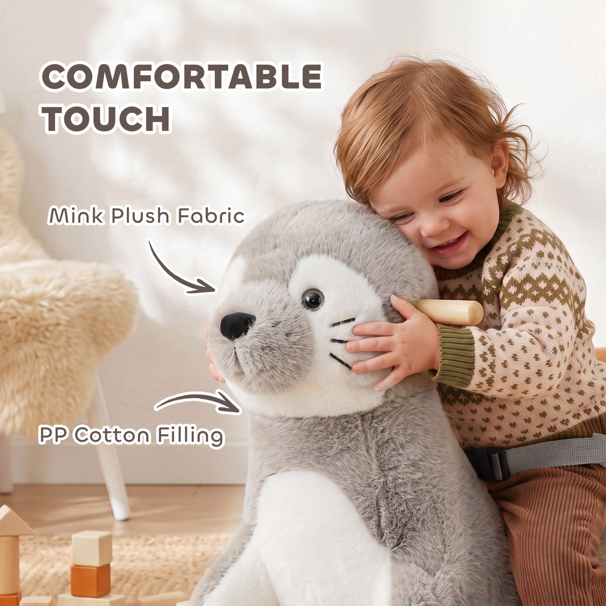 Seal Baby Rocking Horse, Kids Plush Ride-On Toy with Realistic Sounds and Safety Belt for Babies Ages 12-36 Months