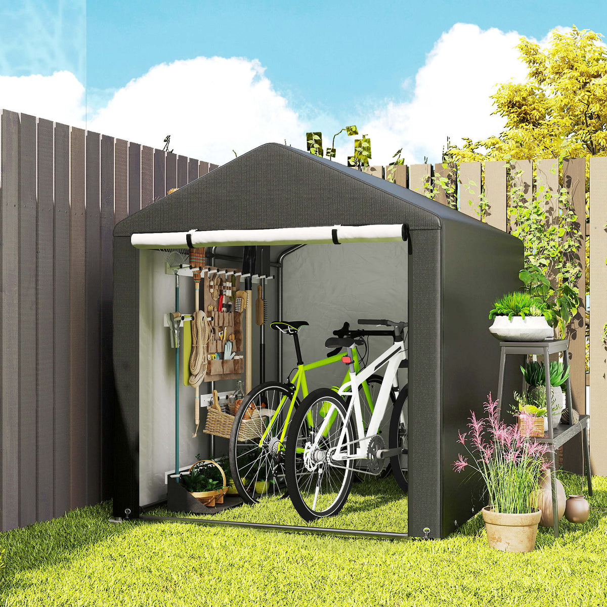 5.2 x 7.2 ft Portable Storage Shed Tent, Heavy Duty Outdoor Shed, Waterproof Garage Shelter with Galvanized Steel Black