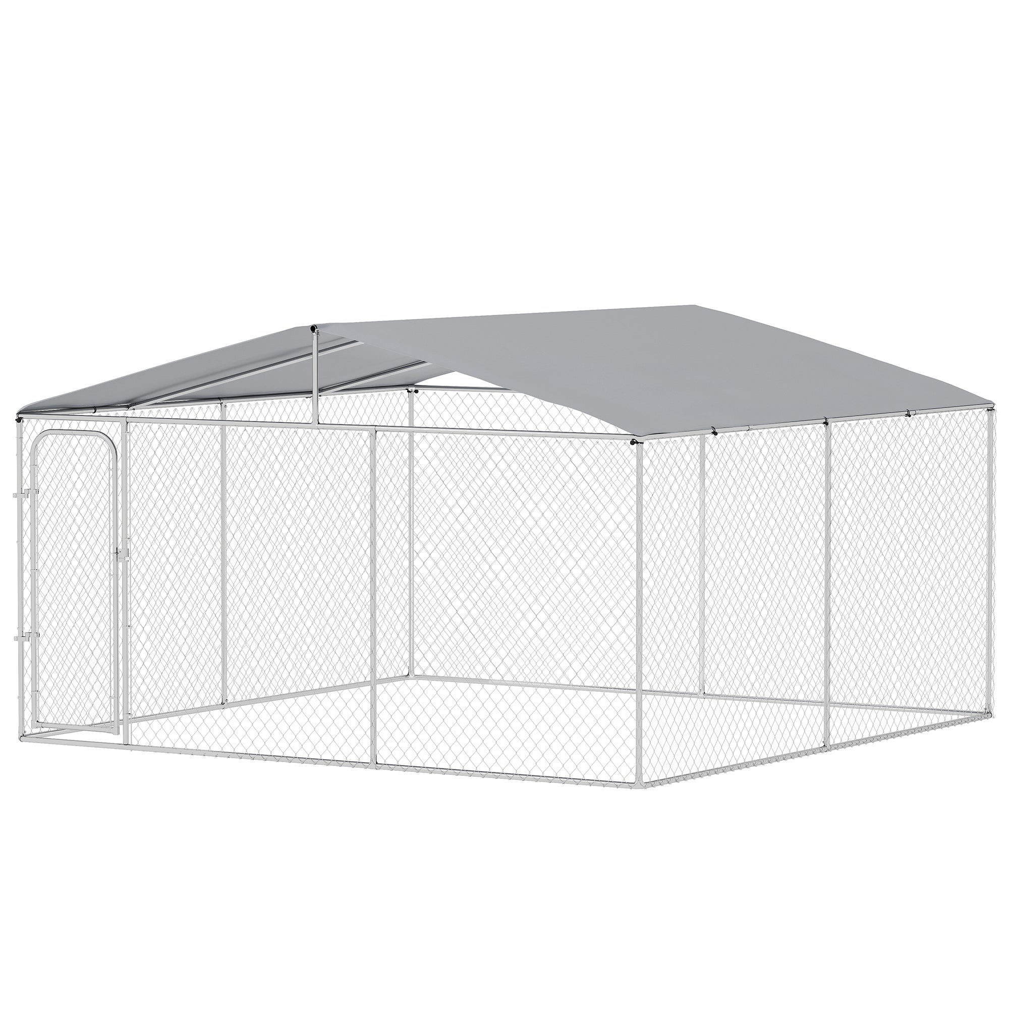 Dog Kennel Outdoor Dog Run w/ Canopy, 13' x 13' x 7.5' - Silver