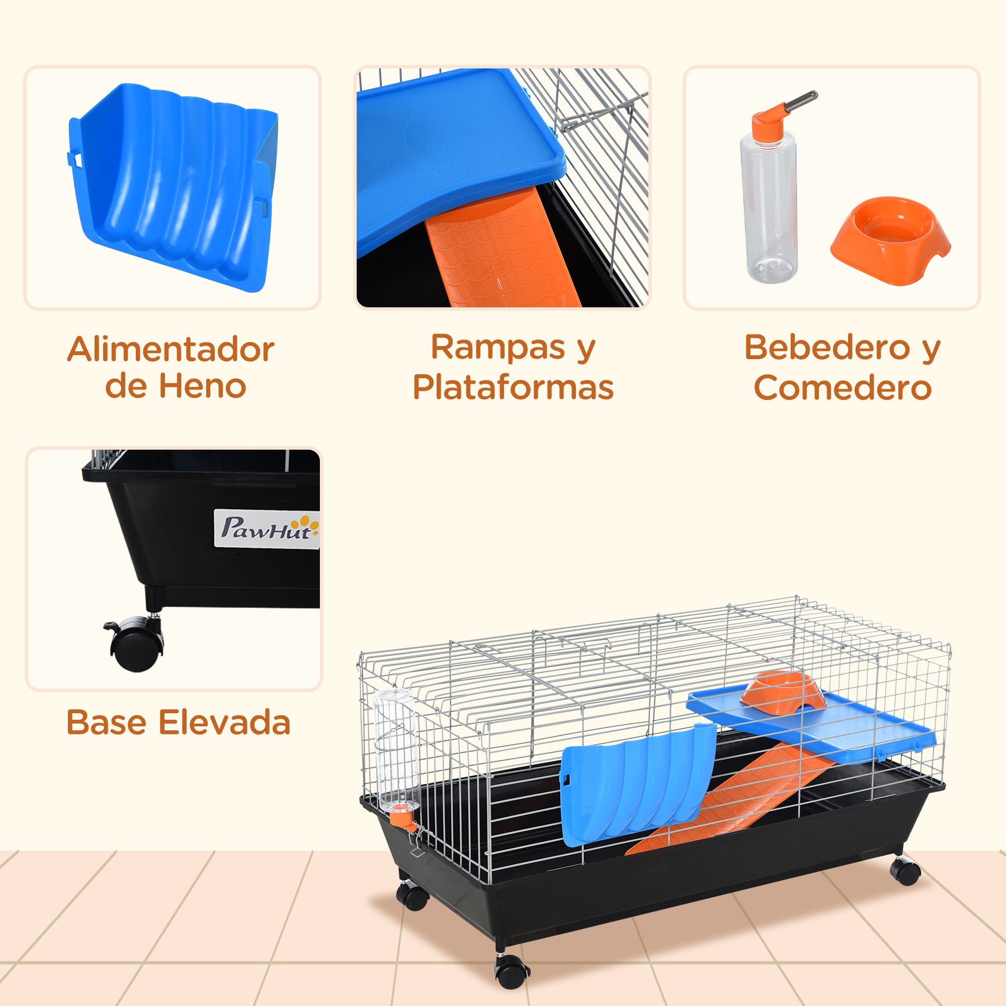35"L Small Animal Cage with Food Dish, Water Bottle, Hay Feeder, Platform, Ramp for Chinchilla, Black - Black - Image 6
