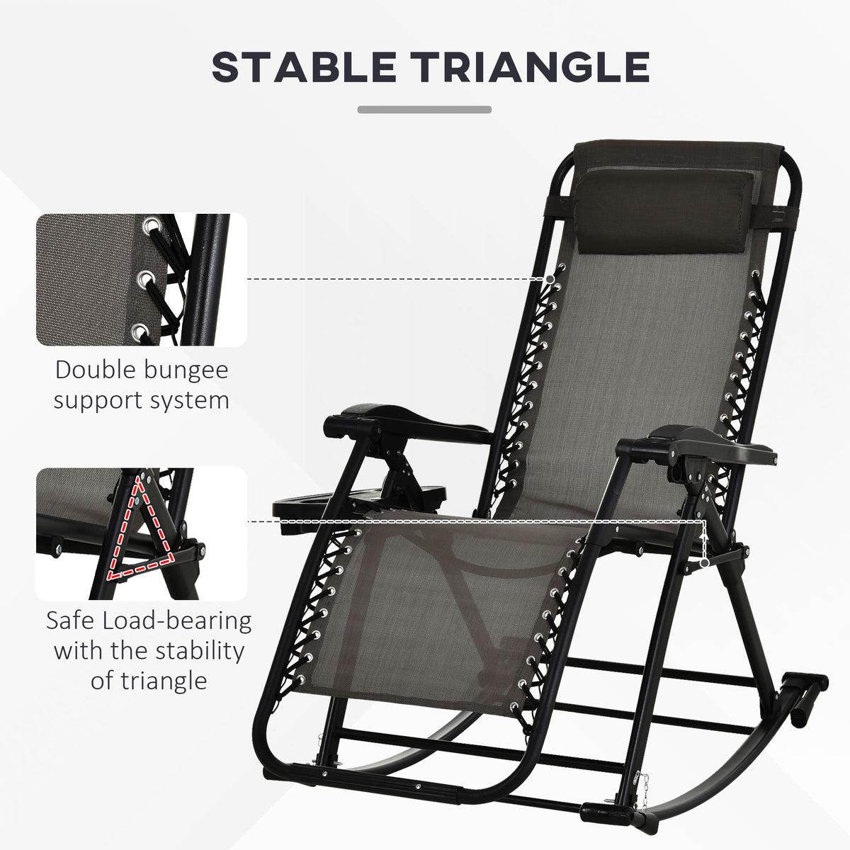 Outdoor Rocking Chairs, Foldable Reclining Zero Gravity Lounge Rocker with Pillow, Cup & Phone Holder, Combo Design with Folding Legs, Gray